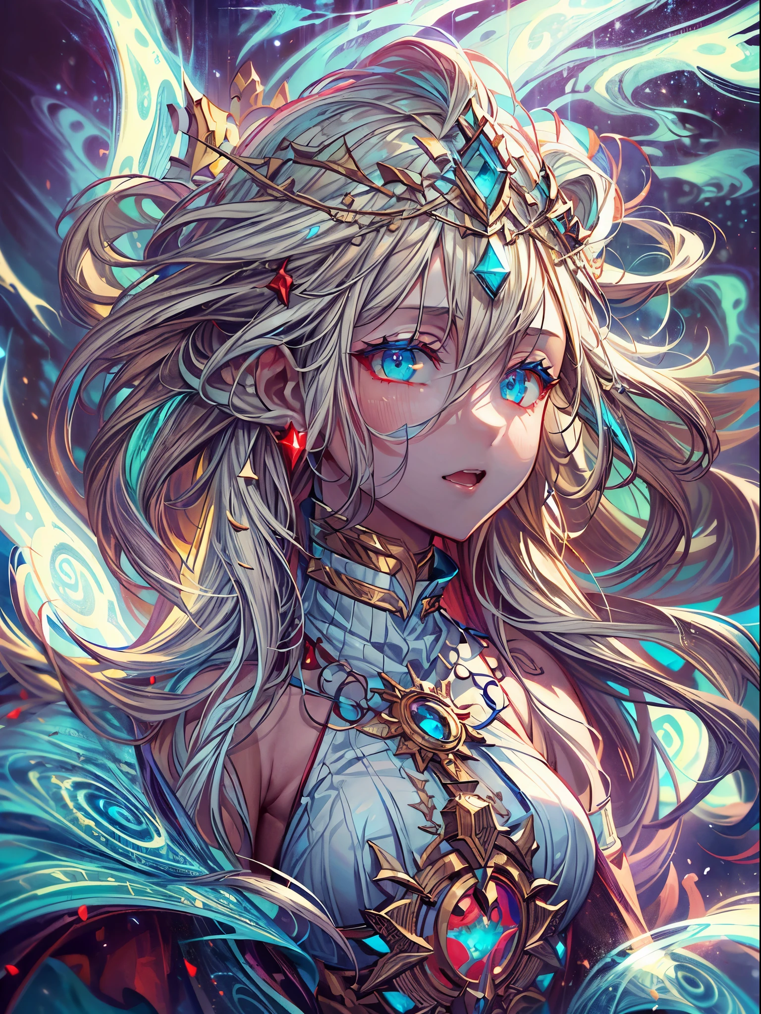 high details, best quality, 8k, [ultra detailed], masterpiece, best quality, (extremely detailed), dynamic angle, ultra wide shot, photorealistic, fantasy art, dnd art, rpg art, realistic art, an ultra wide picture of a female human (1.5 intricate details, Masterpiece, best quality) godess of light (( blue radiant aural)),  ((controlling a swirling blue radiant magic)), manipulating purple radiant magical sigils, human female, blond  hair, long hair with aura, hair with radiant eyes, intense eyes, ((radiant eyes)), ((glowing eyes)), dynamic clothing, fantasy temple background, GlowingRunes_red((divine worship atmosphere)), high details, best quality, highres, ultra wide angle