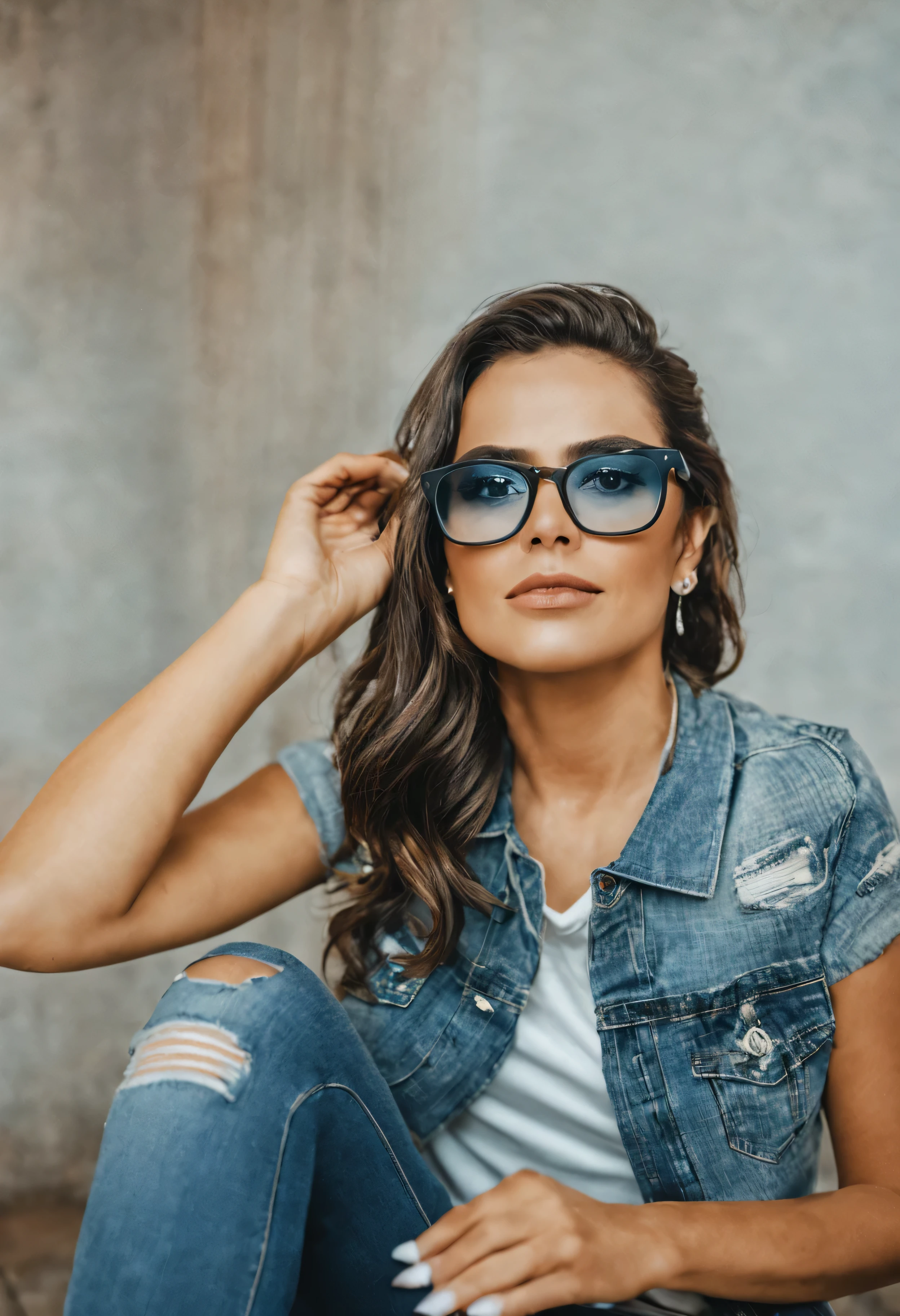 linda garota, maquiagem do dia de casamento, fotografia, realista, cabelo loiro, black glasses, alongamento, com arte de fundo feminina, jeans and t-shirt, detalhes perfeitos, Pele perfeita, Art Station
