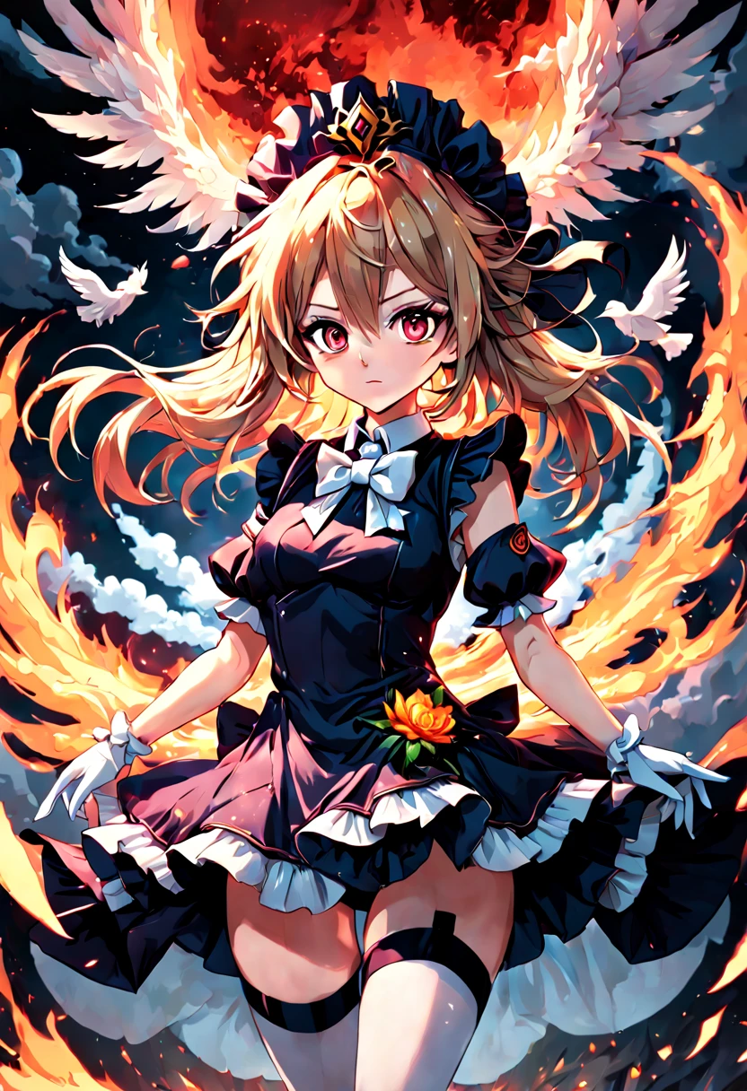1girl, (((masterpiece))),best quality, illustration,beautiful detailed glow,(beautiful detailed eyes), (dark magician girl:1.1),big forehead,flower,large top sleeves,Floating ashes, Beautiful and detailed explosion, red moon, fire,Fire cloud, Wings on fire, a cloudy sky, smoke of gunpowder, burning, black dress, (beautiful detailed eyes),expressionless,beautiful detailed white gloves, Dove of peace, (floating cloud:1.2),azure hair,disheveled hair,long bangs, hairs between eyes, black knee-highs, black ribbon,white bowties,midriff,{{{half closed eyes}}}, detailed matte painting, deep color, fantastical, intricate detail, splash screen, complementary colors, fantasy concept art, 8k resolution trending on Artstation Unreal Engine 5