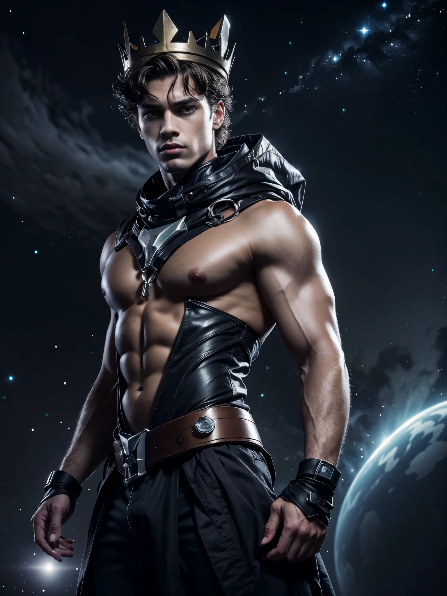 Photorealistic, twins, ((best quality)), ((masterpiece)), (detailed),masculine portrait of youngt futuristic prince, 18-year-old male models, handsome, tall, cute looking, evil look, dark look, powerful, young male, handsome model, clean shave, silver eyes. (short curly messy brown hair:1.2), messy curly hair, super strong, muscular, fit, massive muscles, six pack, shirtless, barechested, muscle, ripped, strong body, fit body, (black dark evil masculine crown:1.4), futuristic skirt, futuristic jewels, (futuristic draped cloth skirt), futuristic garment, out space, galaxies, stars and planets in the background, (Dark background:1.6) constellations, galaxies, 8k, high detailed, ultra-detailed, Stylish Pose, real skin texture, dark cinematic lighting, outerspace, constellation, galaxies, stars in the background