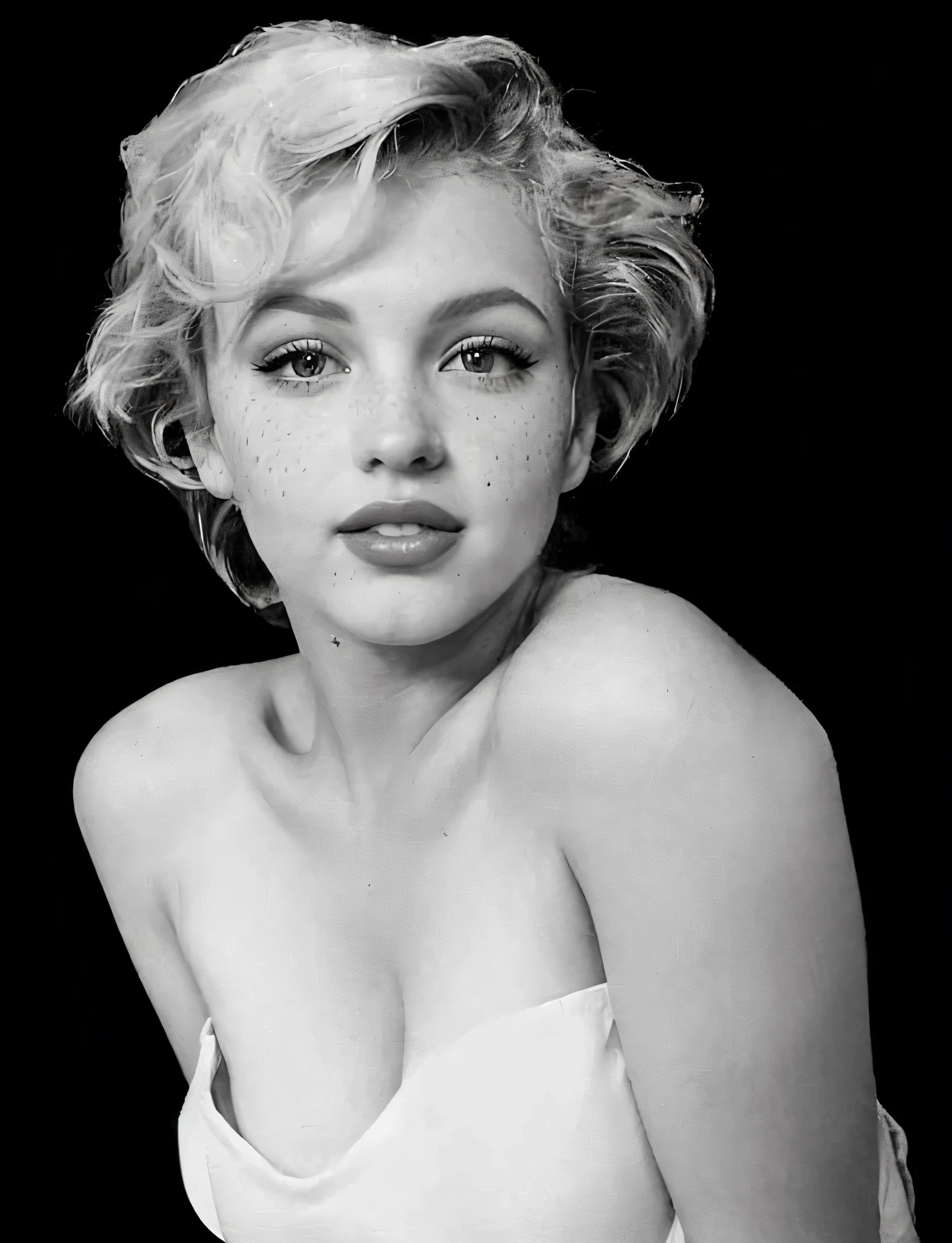 crear una mujer influencer, 19 years, con un rostro con algunos rasgos de Marilynn Monroe pero con una larga, Corte de pelo moderno y maquillaje actual., Light brown hair, Una boca con rasgos de Britney Spears., The eyes and eyelids are identical to Marilynn Monroe., algunas pecas, cuerpo fitness, ojos verdes, mirada dulce e inocente, cuerpo completo, in photo session, photo taken selfie style with smartphone, foto casual, most modern realistic
