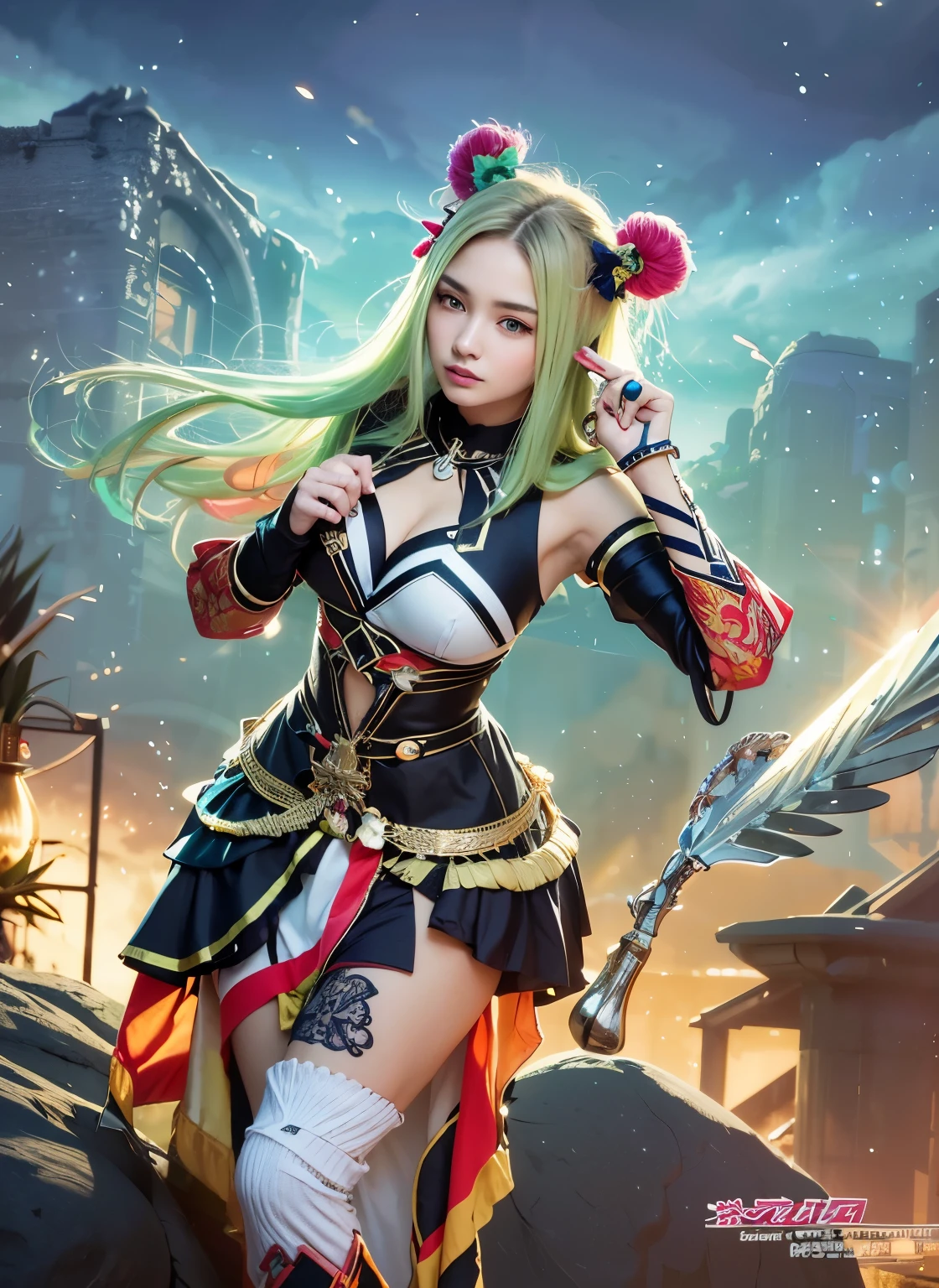 copy image style body colour and short hair,copy face wanwan mobile legend,but the right eye close,the right hand style 2 finger,but the shirt use bikini modern with colour red,detail,hyper and ultra realistic
