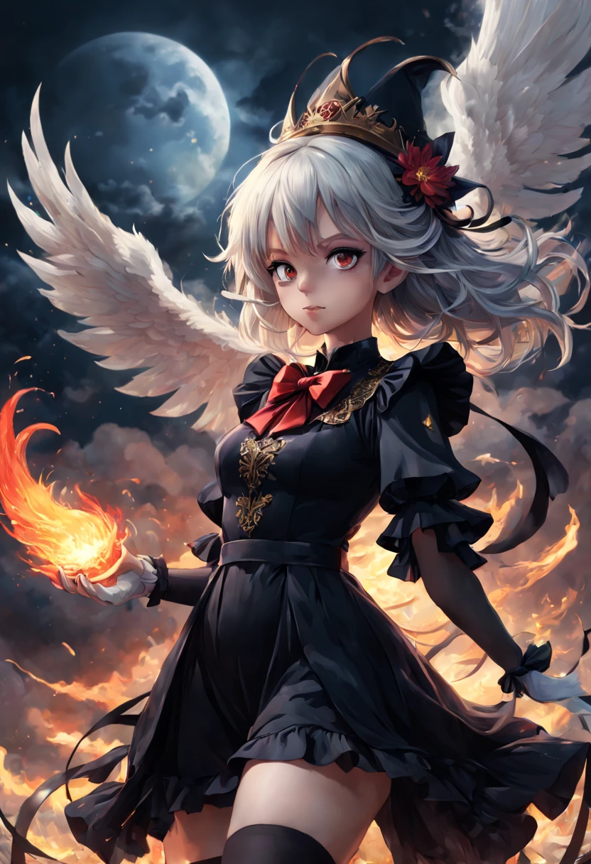1girl, (((masterpiece))),best quality, illustration,beautiful detailed glow,(beautiful detailed eyes), (dark magician girl:1.1),big forehead,flower,large top sleeves,Floating ashes, Beautiful and detailed explosion, red moon, fire,Fire cloud, Wings on fire, a cloudy sky, smoke of gunpowder, burning, black dress, (beautiful detailed eyes),expressionless,beautiful detailed white gloves, Dove of peace, (floating cloud:1.2),azure hair,disheveled hair,long bangs, hairs between eyes, black knee-highs, black ribbon,white bowties,midriff,{{{half closed eyes}}}, detailed matte painting, deep color, fantastical, intricate detail, splash screen, complementary colors, fantasy concept art, 8k resolution trending on Artstation Unreal Engine 5