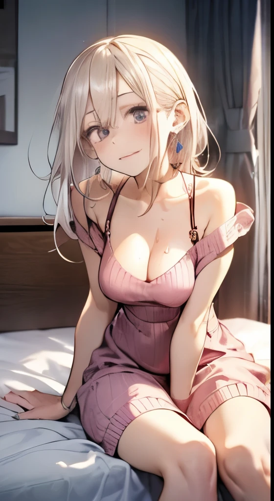 Bedroom、mature woman, Beautiful woman、(Sweat,vapor, Vulgarity), ((Tight white long Sweater maxi dress))、big cleavage、Sticky Clothes、(full shot, long hair), red makeup、Pink shiny lipstick、long shot, beautiful depiction、knowledgeable person、detailed background、quality people、high quality face、Ultra-high-definition animation、(beautiful hair:1.8)、tied hair、earrings、clavicle、I can see your breasts、Lying on the bed and opening legs