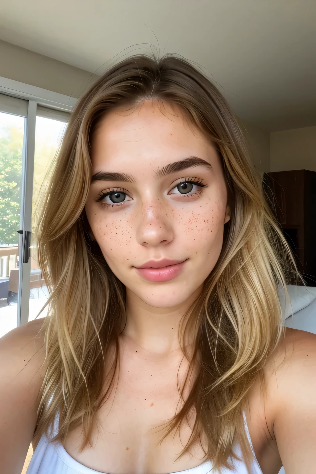 photo of FranceskaFournier Glamour photography young invisible makeup, focus on eyes, close up on face, hair styled Curly Side Swept Hair, ND filter
