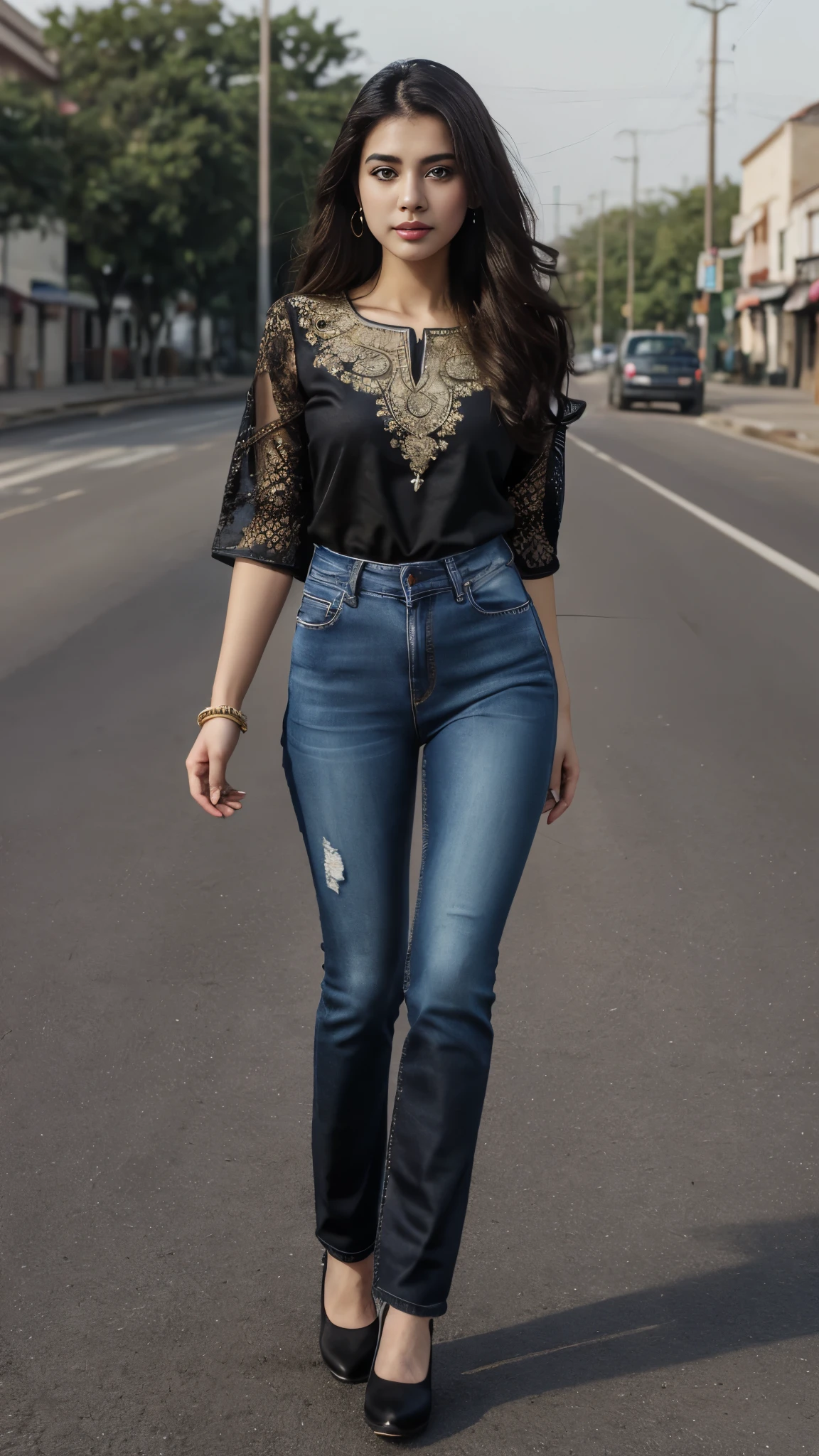a girl standing on the street road, stylish pose, standing on  road, beautiful pose, beautiful girl, (beautiful indian dress, black jeans, beautiful top kurti), beautiful face, all body cover by dress, (beautiful indian dress), (((full body shot))), (Masterpiece:1.1), ultra realistic face, hyperrealistic, hyperdetailed, sharpen, intricate, extremely detailed, beautiful face, cute face mesh, pretty face mesh, sharpen, detailed face, detailed eyes, detailed lips, shoes, perfect body,