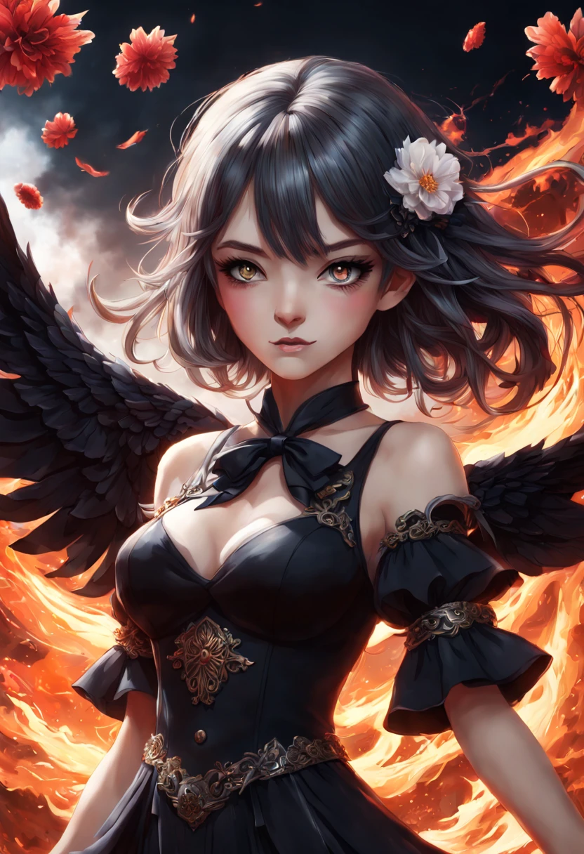 1girl, (((masterpiece))),best quality, illustration,beautiful detailed glow,(beautiful detailed eyes), (dark magician girl:1.1),big forehead,flower,large top sleeves,Floating ashes, Beautiful and detailed explosion, red moon, fire,Fire cloud, Wings on fire, a cloudy sky, smoke of gunpowder, burning, black dress, (beautiful detailed eyes),expressionless,beautiful detailed white gloves, Dove of peace, (floating cloud:1.2),azure hair,disheveled hair,long bangs, hairs between eyes, black knee-highs, black ribbon,white bowties,midriff,{{{half closed eyes}}}, detailed matte painting, deep color, fantastical, intricate detail, splash screen, complementary colors, fantasy concept art, 8k resolution trending on Artstation Unreal Engine 5