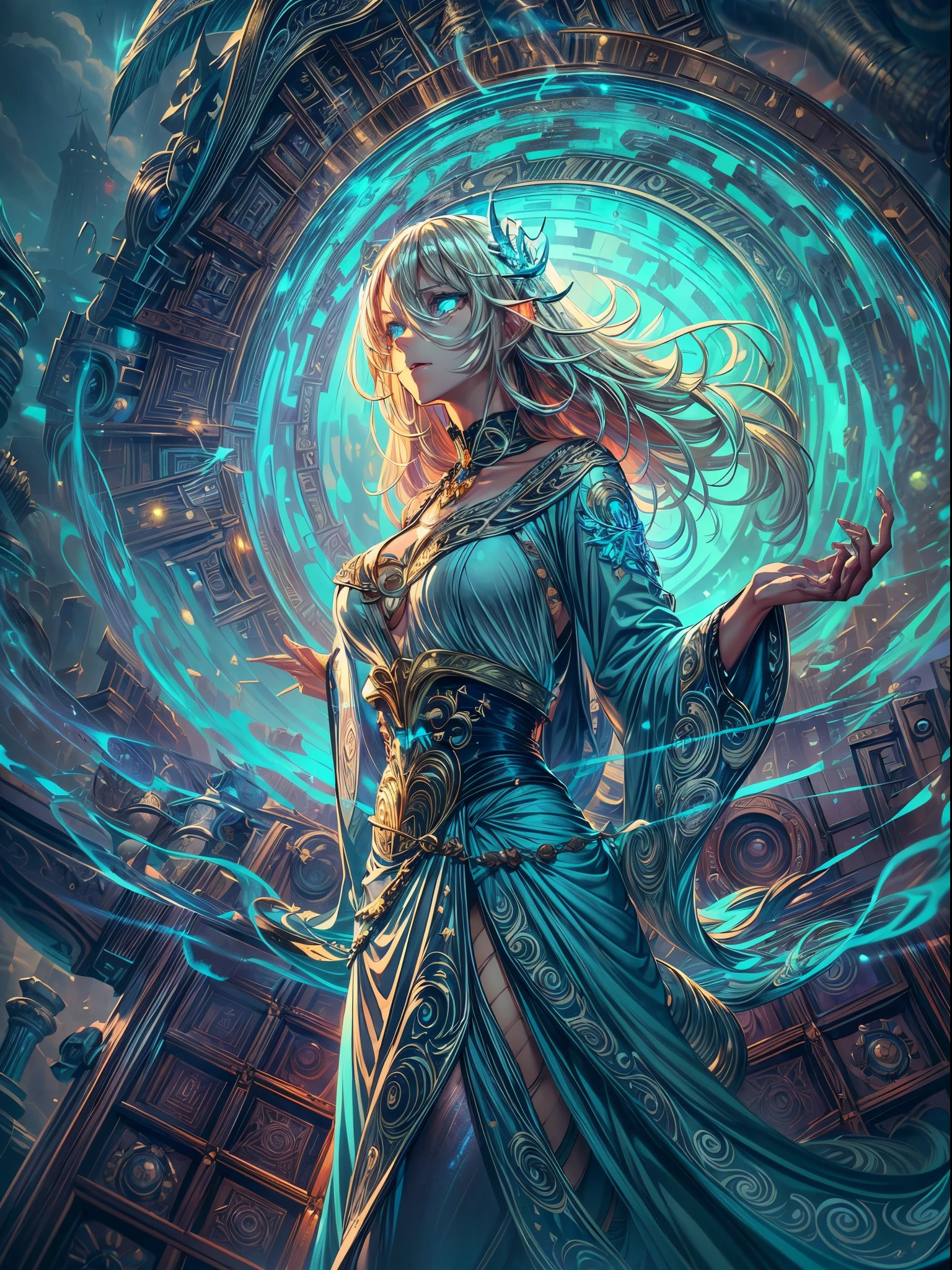 high details, best quality, 8k, [ultra detailed], masterpiece, best quality, (extremely detailed), dynamic angle, ultra wide shot, photorealistic, fantasy art, dnd art, rpg art, realistic art, an ultra wide picture of a female human (1.5 intricate details, Masterpiece, best quality) godess of light (( blue radiant aural)),  ((controlling a swirling blue radiant magic)), manipulating purple radiant magical sigils, human female, blond  hair, long hair with aura, hair with radiant eyes, intense eyes, ((radiant eyes)), ((glowing eyes)), dynamic clothing, fantasy temple background, GlowingRunes_red((divine worship atmosphere)), high details, best quality, highres, ultra wide angle