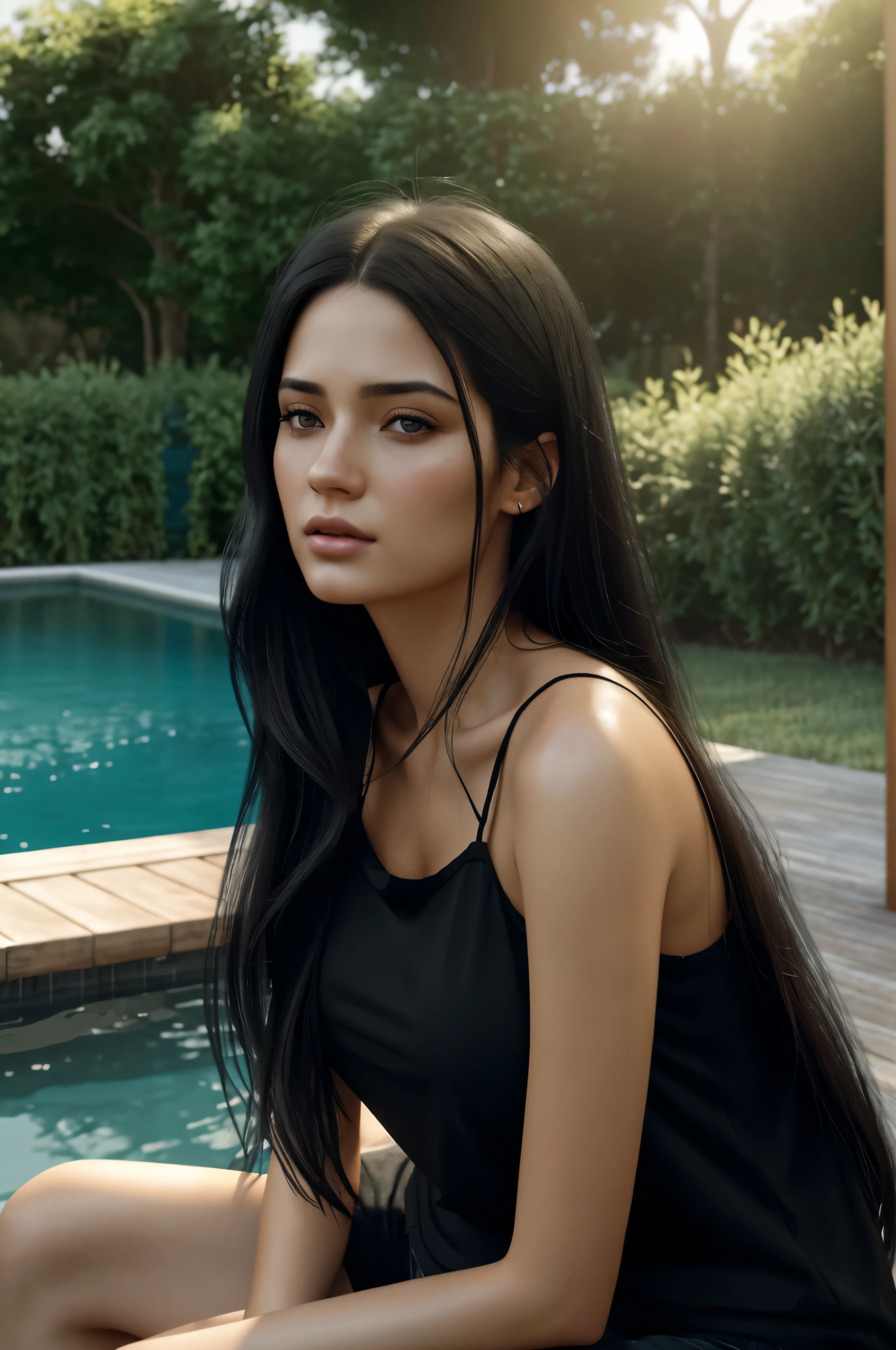 there is a woman with long hair and a black top, a digital painting inspired by WLOP, trending on cg society, digital art, sultry digital painting, realistic digital art 4 k, realistic digital art 4k, detailed realistic face, soft portrait shot 8 k, detailed long black hair, realistic face moody lighting, photorealistic artstyle, realistic artstyle in dubai