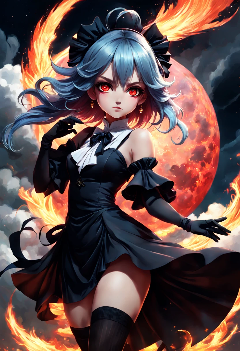 1girl, (((masterpiece))),best quality, illustration,beautiful detailed glow,(beautiful detailed eyes), (dark magician girl:1.1),big forehead,flower,large top sleeves,Floating ashes, Beautiful and detailed explosion, red moon, fire,Fire cloud, Wings on fire, a cloudy sky, smoke of gunpowder, burning, black dress, (beautiful detailed eyes),expressionless,beautiful detailed white gloves, Dove of peace, (floating cloud:1.2),azure hair,disheveled hair,long bangs, hairs between eyes, black knee-highs, black ribbon,white bowties,midriff,{{{half closed eyes}}}, detailed matte painting, deep color, fantastical, intricate detail, splash screen, complementary colors, fantasy concept art, 8k resolution trending on Artstation Unreal Engine 5