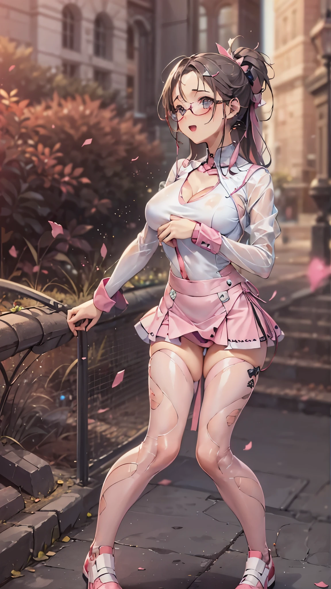 woman,14 years old,,city,night,(((White and pink tight miniskirt bodysuit))),,open mouth smile((See-through))glasses,((beautiful long ponytail)),((Baby girl body shape))