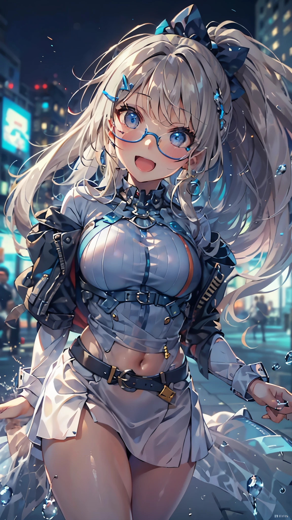 woman,14 years old,,city,night,(((white and blue tight miniskirt bodysuit))),,open mouth smile((See-through))glasses,((beautiful long ponytail)),((Baby girl body shape))((blonde))