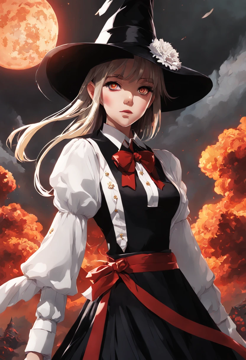 1girl, (((masterpiece))),best quality, illustration,beautiful detailed glow,(beautiful detailed eyes), (dark magician girl:1.1),big forehead,flower,large top sleeves,Floating ashes, Beautiful and detailed explosion, red moon, fire,Fire cloud, Wings on fire, a cloudy sky, smoke of gunpowder, burning, black dress, (beautiful detailed eyes),expressionless,beautiful detailed white gloves, Dove of peace, (floating cloud:1.2),azure hair,disheveled hair,long bangs, hairs between eyes, black knee-highs, black ribbon,white bowties,midriff,{{{half closed eyes}}}, detailed matte painting, deep color, fantastical, intricate detail, splash screen, complementary colors, fantasy concept art, 8k resolution trending on Artstation Unreal Engine 5