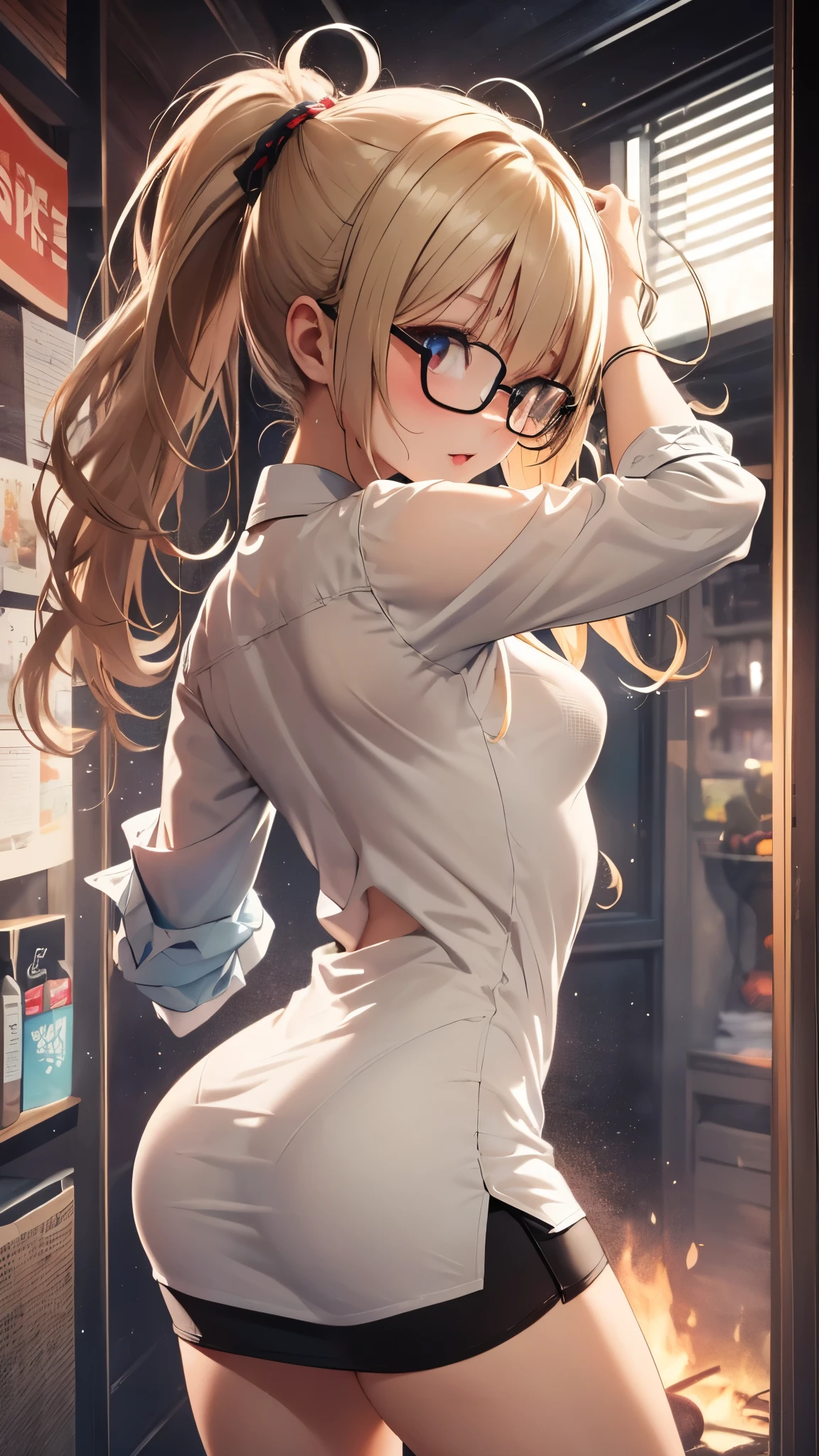 woman,************,,city,night,(((white and blue tight miniskirt bodysuit))),,open mouth smile((See-through))(((glasses))),((beautiful long ponytail)),(()),blush、surprised face,(((turn around and look back))),((blonde))(((On the way to changing clothes)))(((While taking off my clothes)))