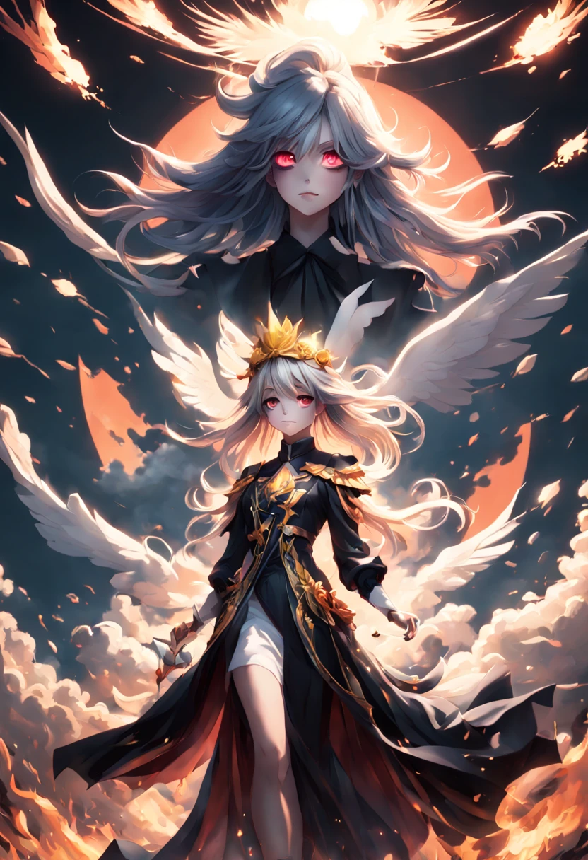 1girl, (((masterpiece))),best quality, illustration,beautiful detailed glow,(beautiful detailed eyes), (dark magician girl:1.1),big forehead,flower,large top sleeves,Floating ashes, Beautiful and detailed explosion, red moon, fire,Fire cloud, Wings on fire, a cloudy sky, smoke of gunpowder, burning, black dress, (beautiful detailed eyes),expressionless,beautiful detailed white gloves, Dove of peace, (floating cloud:1.2),azure hair,disheveled hair,long bangs, hairs between eyes, black knee-highs, black ribbon,white bowties,midriff,{{{half closed eyes}}}, detailed matte painting, deep color, fantastical, intricate detail, splash screen, complementary colors, fantasy concept art, 8k resolution trending on Artstation Unreal Engine 5