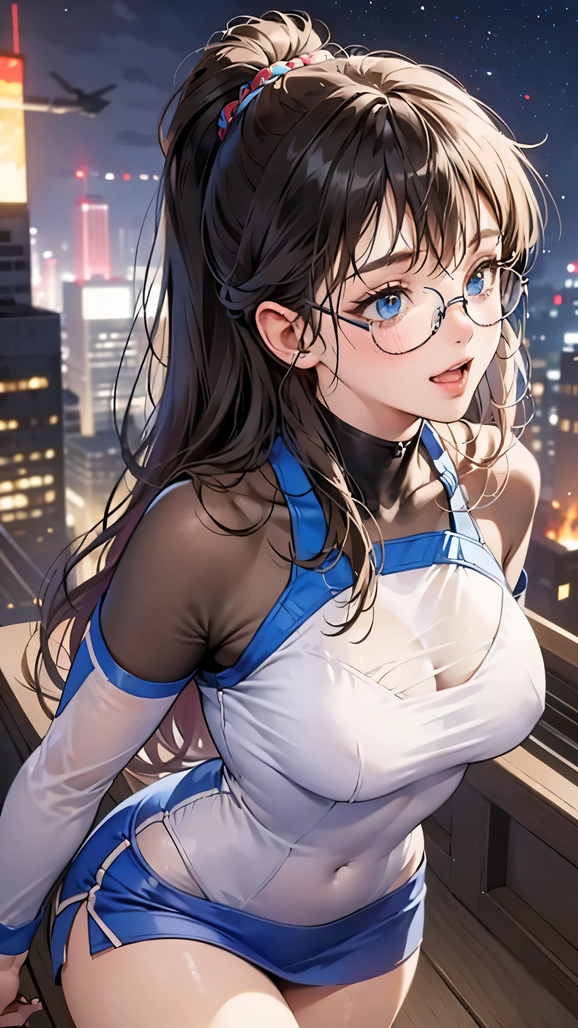 woman,,,city,night,(((white and blue tight miniskirt bodysuit))),,open mouth smile((See-through))(((glasses))),((beautiful long ponytail)),(()),blush、surprised face,((())),(())(((On the way to changing clothes)))(((While taking off my clothes)))