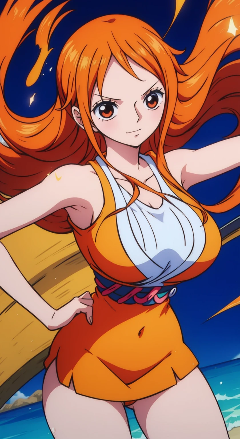 Generar una imagen realista de estilo anime de Nami de One Piece. Captura su apariencia distintiva con cabello naranja, una camisa, and a cheerful expression. Make sure the picture reflects your adventurous and confident personality as shown in the anime.., cuerpo completo, Plano amplio ,  Curvy athletic body, Antecedentes de la isla,top de sujetador, falda, ojos naranjas, ojos naranjas, armpits