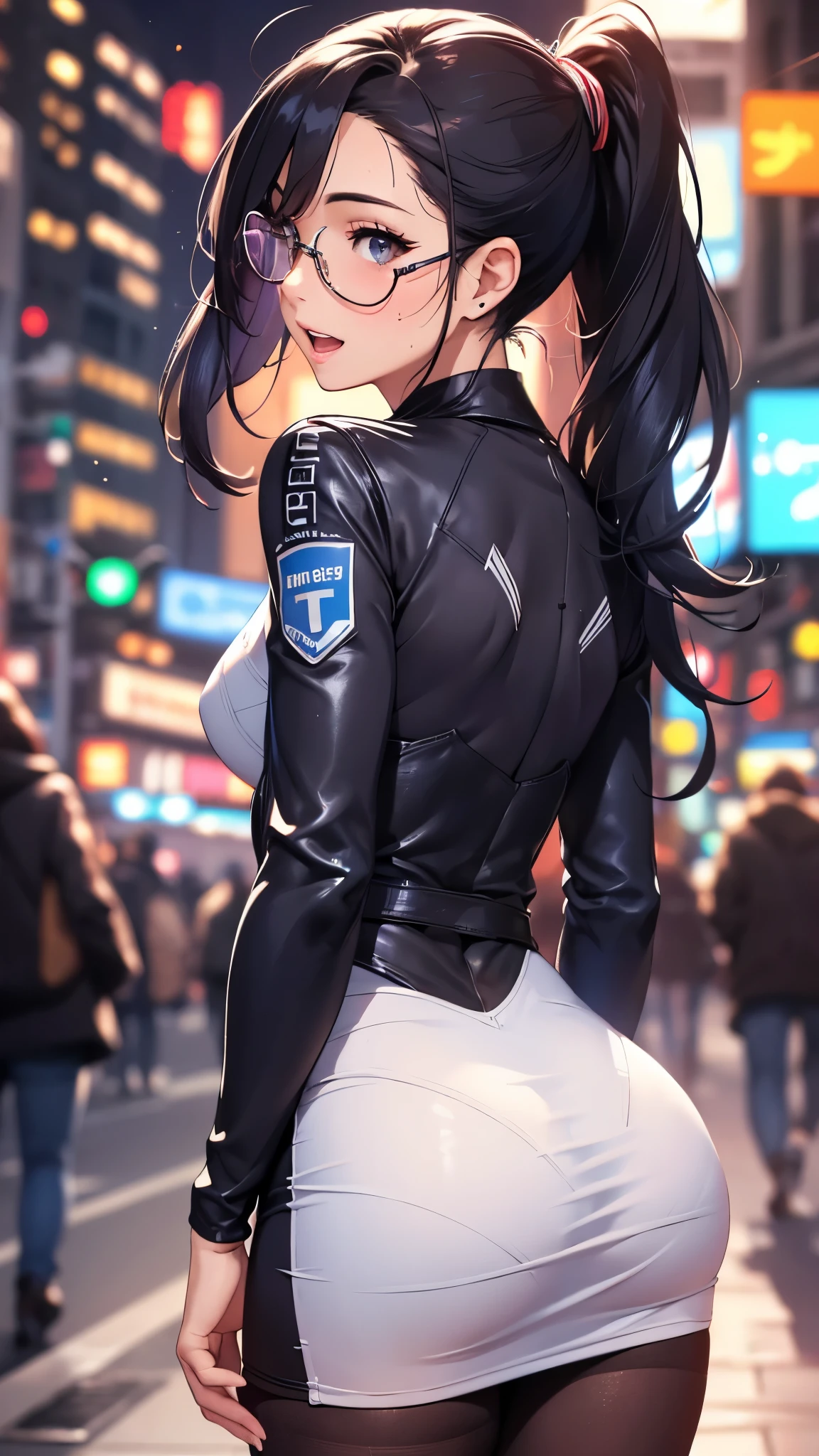 woman,25 years old,,city,night,(((white and blue tight miniskirt bodysuit))),,open mouth smile(())(glasses),((beautiful long ponytail)),(()),blush、surprised face,((())),((turn around and look back))wet with sweat