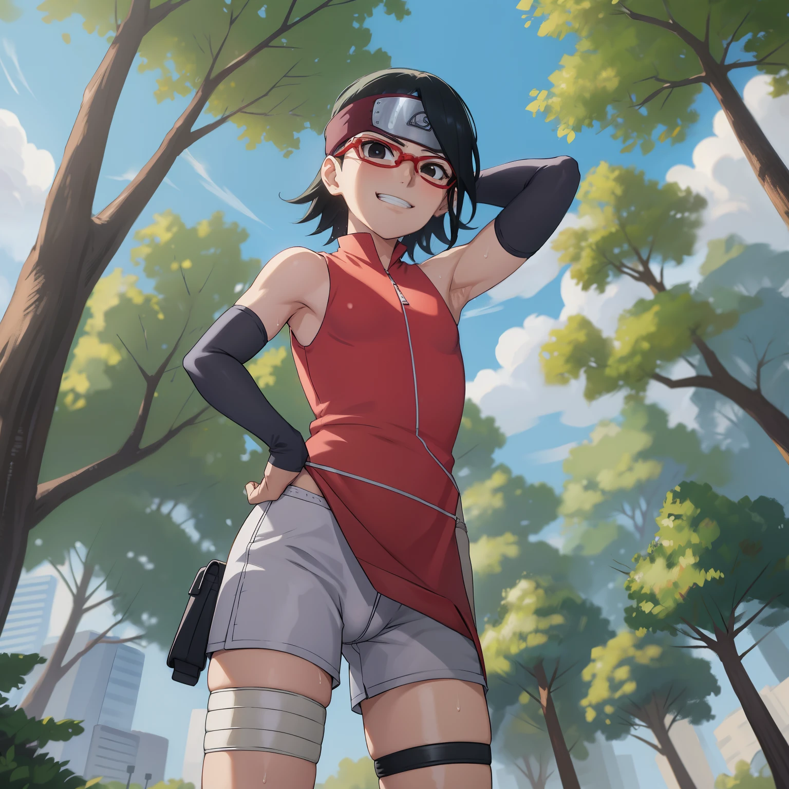 anime screencap, 
1girl,solo,black hair,short hair, black eyes,skinny,cowboy shot, standing, forehead protector, smirk,(dress:1.1),(white shorts:0.8), black thighhighs, thigh holster, arm warmers, bare shoulders, looking at viewer, outdoors,pelvic,red-framed eyewear, glasses,arms behind back, head tilt, pelvic curtain, facing viewer, hands on hips, zipper, shiny hair, sexy pose,ass dog, full body, from below, camel toe, wet pussy, sweat, hard nipples, small breast,  body, slim body, forest, naruto world 