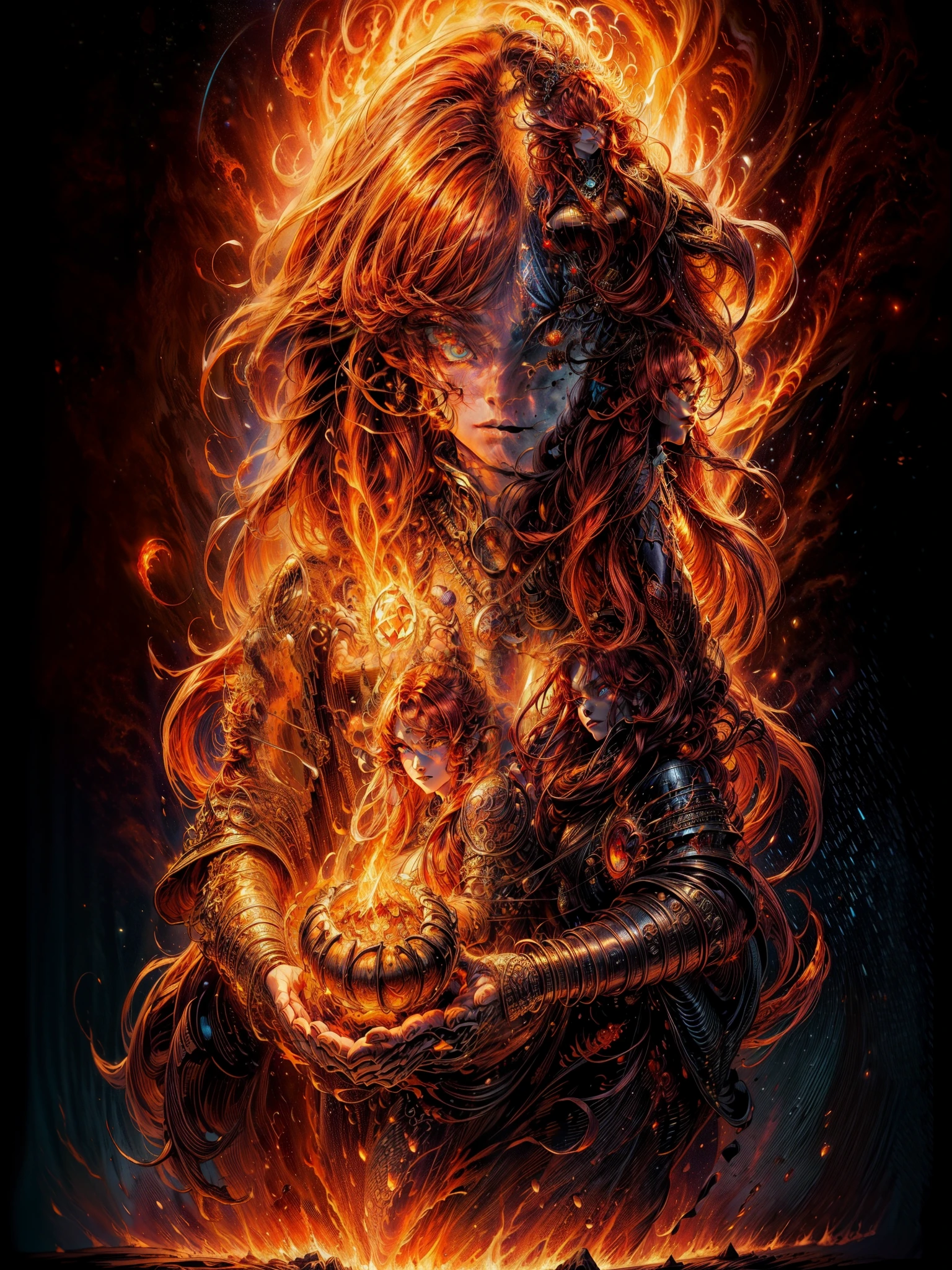 high details, best quality, 8k, [ultra detailed], masterpiece, best quality, (extremely detailed), full body, ultra wide shot, photorealistic, fantasy art, dnd art, rpg art, realistic art, an ultra wide picture of a female human (1.5 intricate details, Masterpiece, best quality) godess of fire  ((fiery radiant aura)), controlling a swirling fiery red radiant magic (1.5 intricate details, Masterpiece, best quality), manipulating purple radiant magical symbols, [[divine symbols]] (1.5 intricate details, Masterpiece, best quality), human female, red  hair, long hair with aura, hair with red radiant eyes, intense eyes, ((radiant eyes)), (( red glowing eyes)), dynamic clothing, fantasy volcano back ground, stresms of lava,  celestial  background, ((divine worship atmosphere)), high details, best quality, highres, ultra wide angle