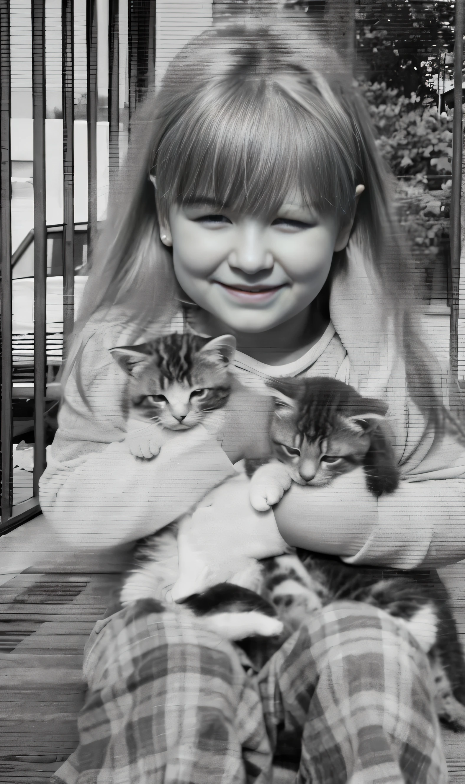there is a girl holding two kittens on a porch, con gatos a su lado, grainy monochrome photo, Foto granulada en blanco y negro, Foto granulada en blanco y negro, foto granulada, foto granuladagrafia, hermosa joven gatita, crazy cat lady, low quality grainy photography, Gatitos, imagen granulada, Imagen muy granulada