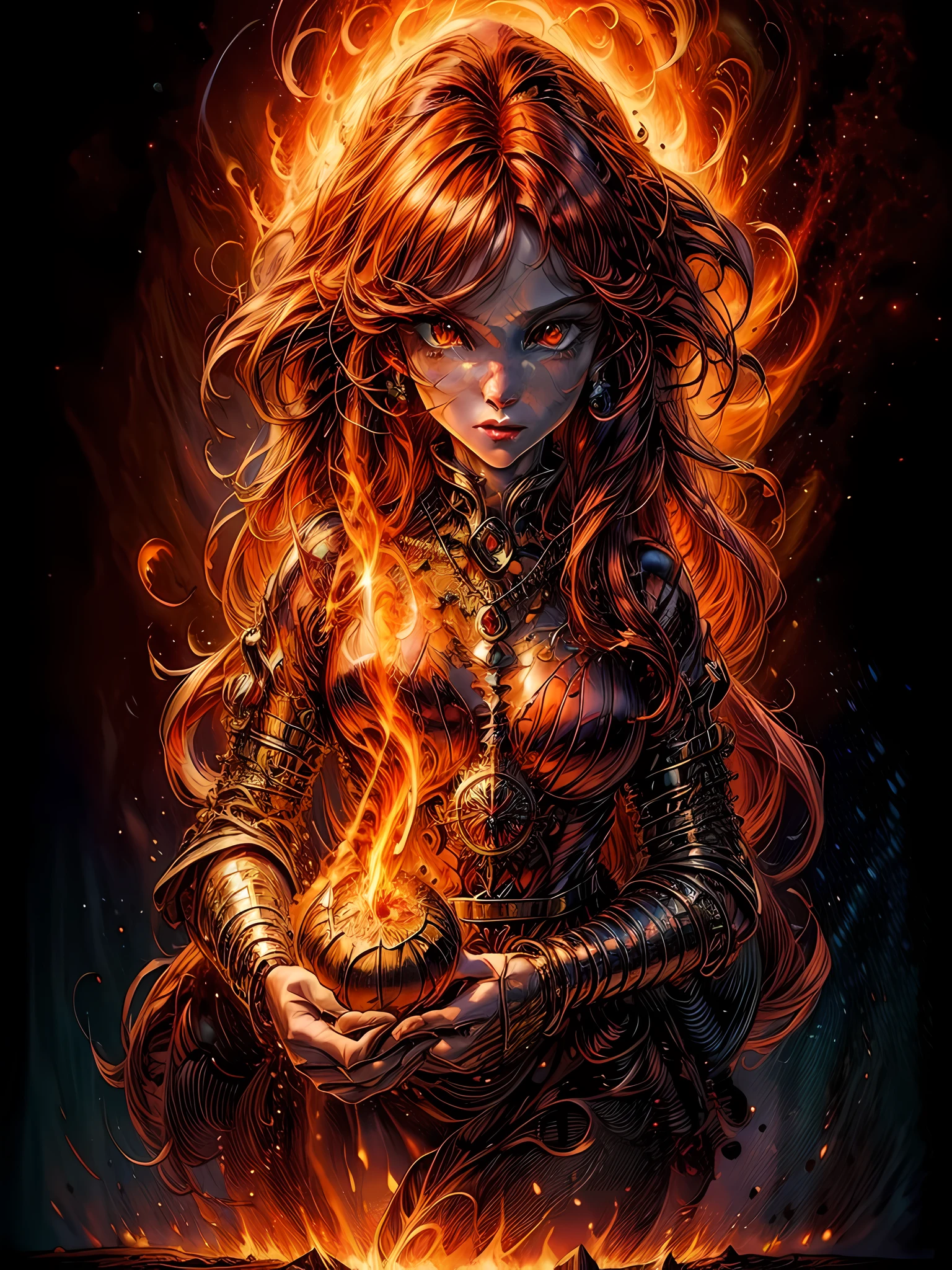 high details, best quality, 8k, [ultra detailed], masterpiece, best quality, (extremely detailed), full body, ultra wide shot, photorealistic, fantasy art, dnd art, rpg art, realistic art, an ultra wide picture of a female human (1.5 intricate details, Masterpiece, best quality) godess of fire  ((fiery radiant aura)), controlling a swirling fiery red radiant magic (1.5 intricate details, Masterpiece, best quality), manipulating purple radiant magical symbols, [[divine symbols]] (1.5 intricate details, Masterpiece, best quality), human female, red  hair, long hair with aura, hair with red radiant eyes, intense eyes, ((radiant eyes)), (( red glowing eyes)), dynamic clothing, fantasy volcano back ground, stresms of lava,  celestial  background, ((divine worship atmosphere)), high details, best quality, highres, ultra wide angle