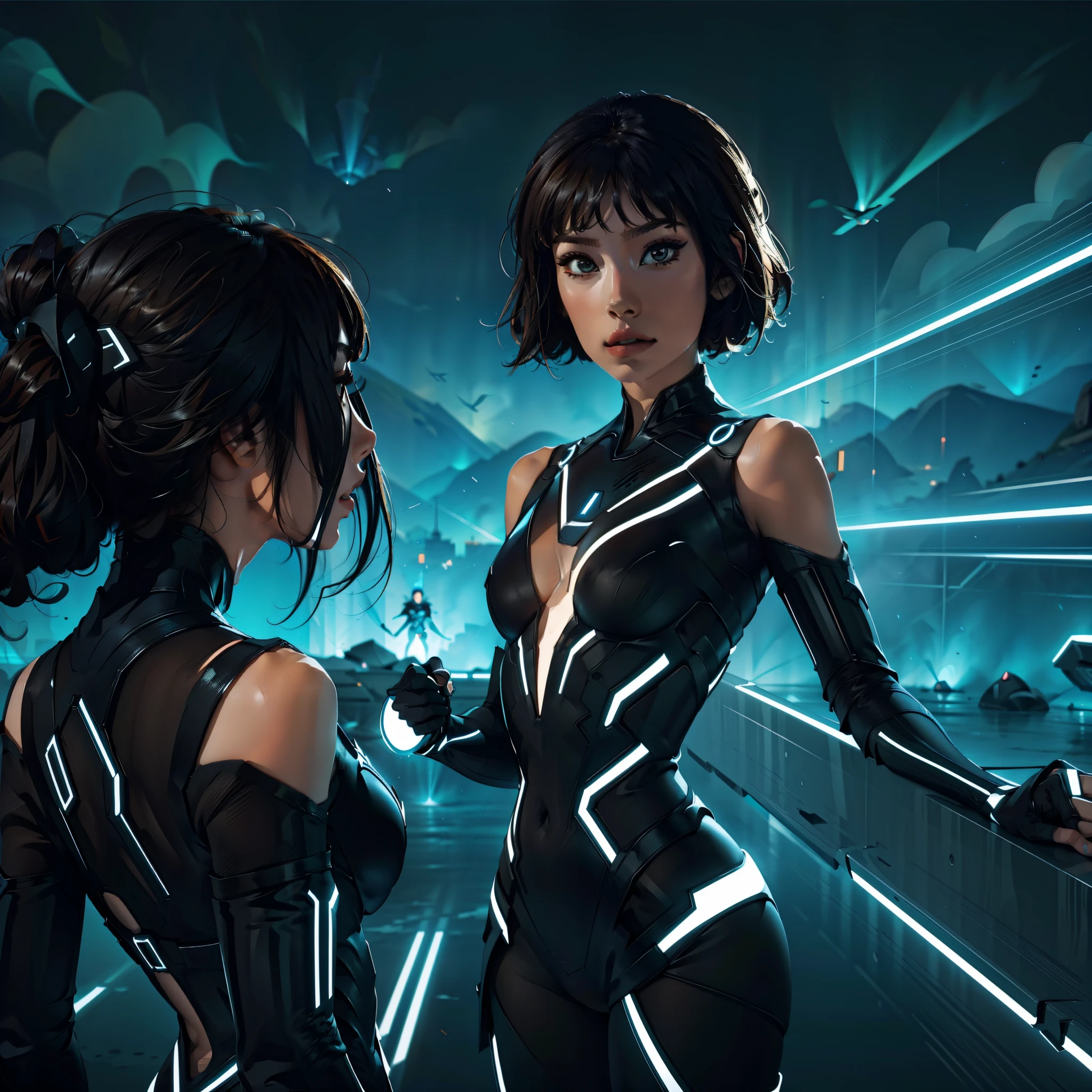 Tron Character Movie Woman Lora Woman Quorra, obra maestra, 4k, mejor calidad, rostros super detallado, vista desde atras, Tiro de panty, ropa transparente ajustada