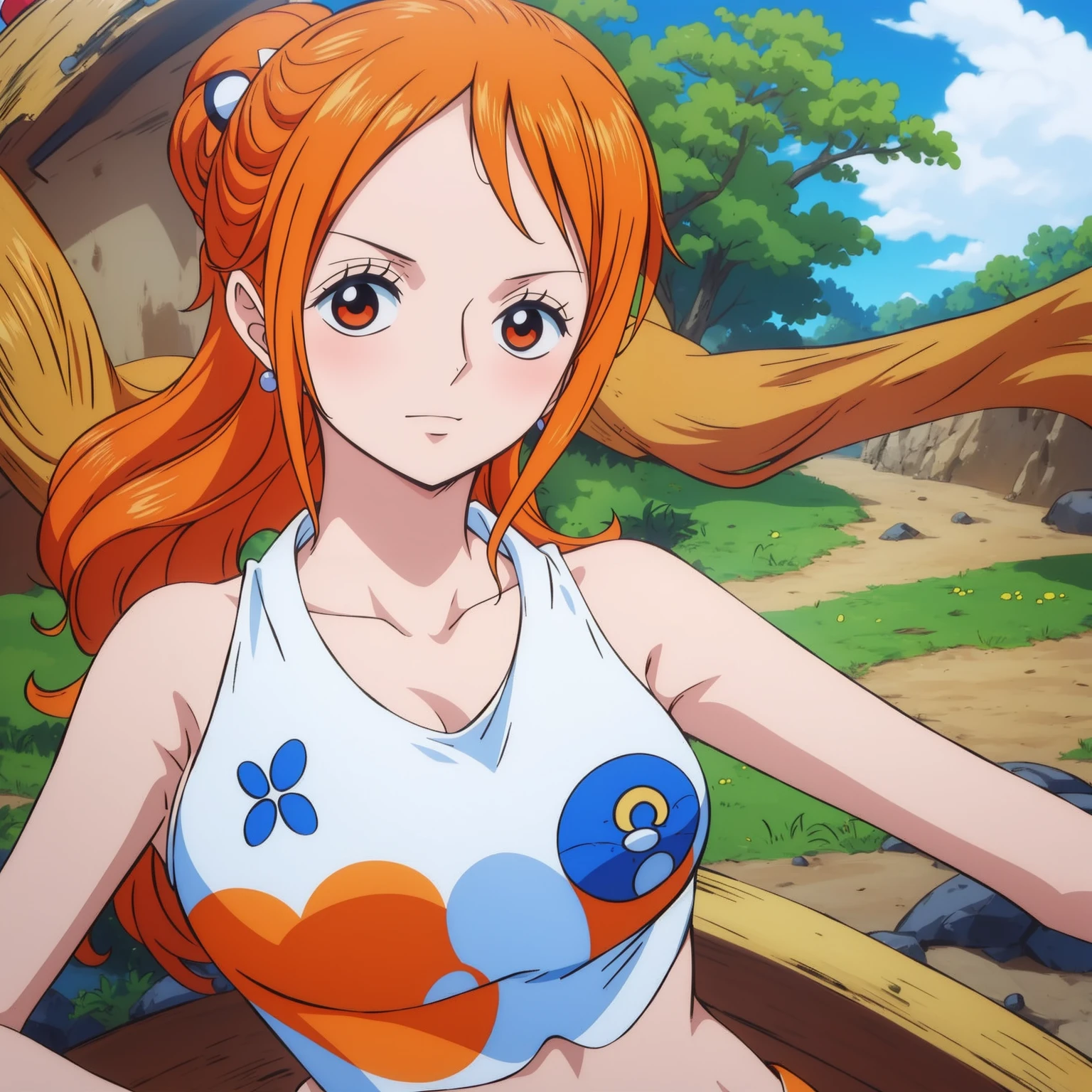 Generar una imagen realista de estilo anime de Nami de One Piece. Captura su apariencia distintiva con cabello naranja, una camisa, and a cheerful expression. Make sure the picture reflects your adventurous and confident personality as shown in the anime.., cuerpo completo, Plano amplio ,  Curvy athletic body, Antecedentes de la isla,top de sujetador, falda, ojos naranjas, ojos naranjas, armpits