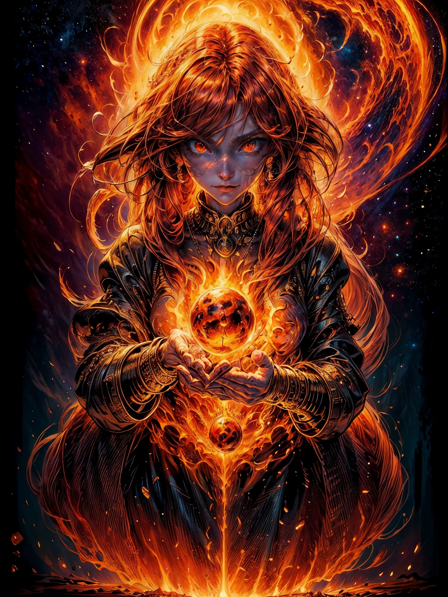 high details, best quality, 8k, [ultra detailed], masterpiece, best quality, (extremely detailed), full body, ultra wide shot, photorealistic, fantasy art, dnd art, rpg art, realistic art, an ultra wide picture of a female human (1.5 intricate details, Masterpiece, best quality) godess of fire  ((fiery radiant aura)), controlling a swirling fiery red radiant magic (1.5 intricate details, Masterpiece, best quality), manipulating purple radiant magical symbols, [[divine symbols]] (1.5 intricate details, Masterpiece, best quality), human female, red  hair, long hair with aura, hair with red radiant eyes, intense eyes, ((radiant eyes)), (( red glowing eyes)), dynamic clothing, fantasy volcano back ground, stresms of lava,  celestial  background, ((divine worship atmosphere)), high details, best quality, highres, ultra wide angle