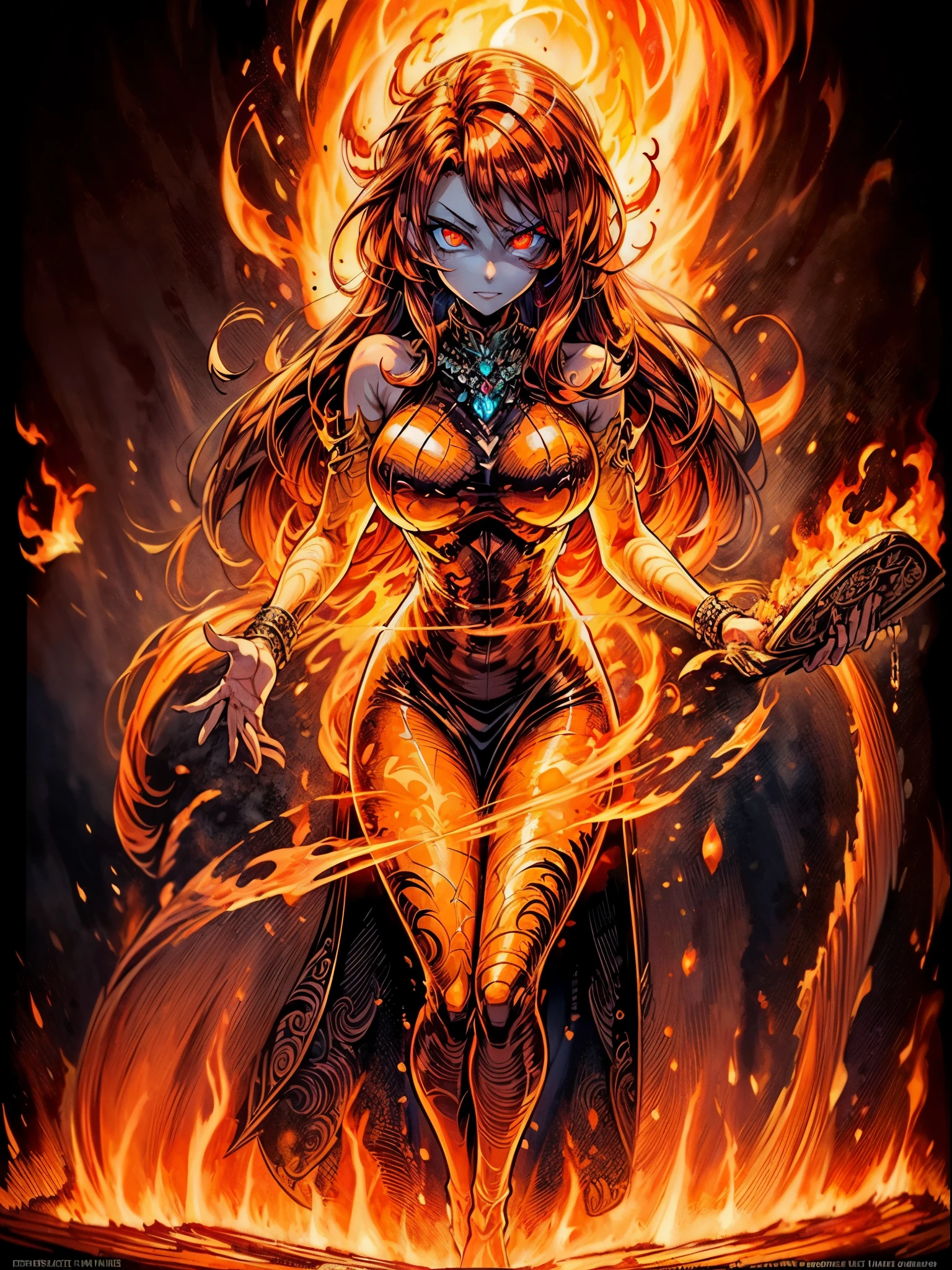 high details, best quality, 8k, [ultra detailed], masterpiece, best quality, (extremely detailed), full body, ultra wide shot, photorealistic, fantasy art, dnd art, rpg art, realistic art, an ultra wide picture of a female human (1.5 intricate details, Masterpiece, best quality) godess of fire  ((fiery radiant aura)), controlling a swirling fiery red radiant magic (1.5 intricate details, Masterpiece, best quality), manipulating purple radiant magical symbols, [[divine symbols]] (1.5 intricate details, Masterpiece, best quality), human female, red  hair, long hair with aura, hair with red radiant eyes, intense eyes, ((radiant eyes)), (( red glowing eyes)), dynamic clothing, fantasy volcano back ground, stresms of lava,  celestial  background, ((divine worship atmosphere)), high details, best quality, highres, ultra wide angle