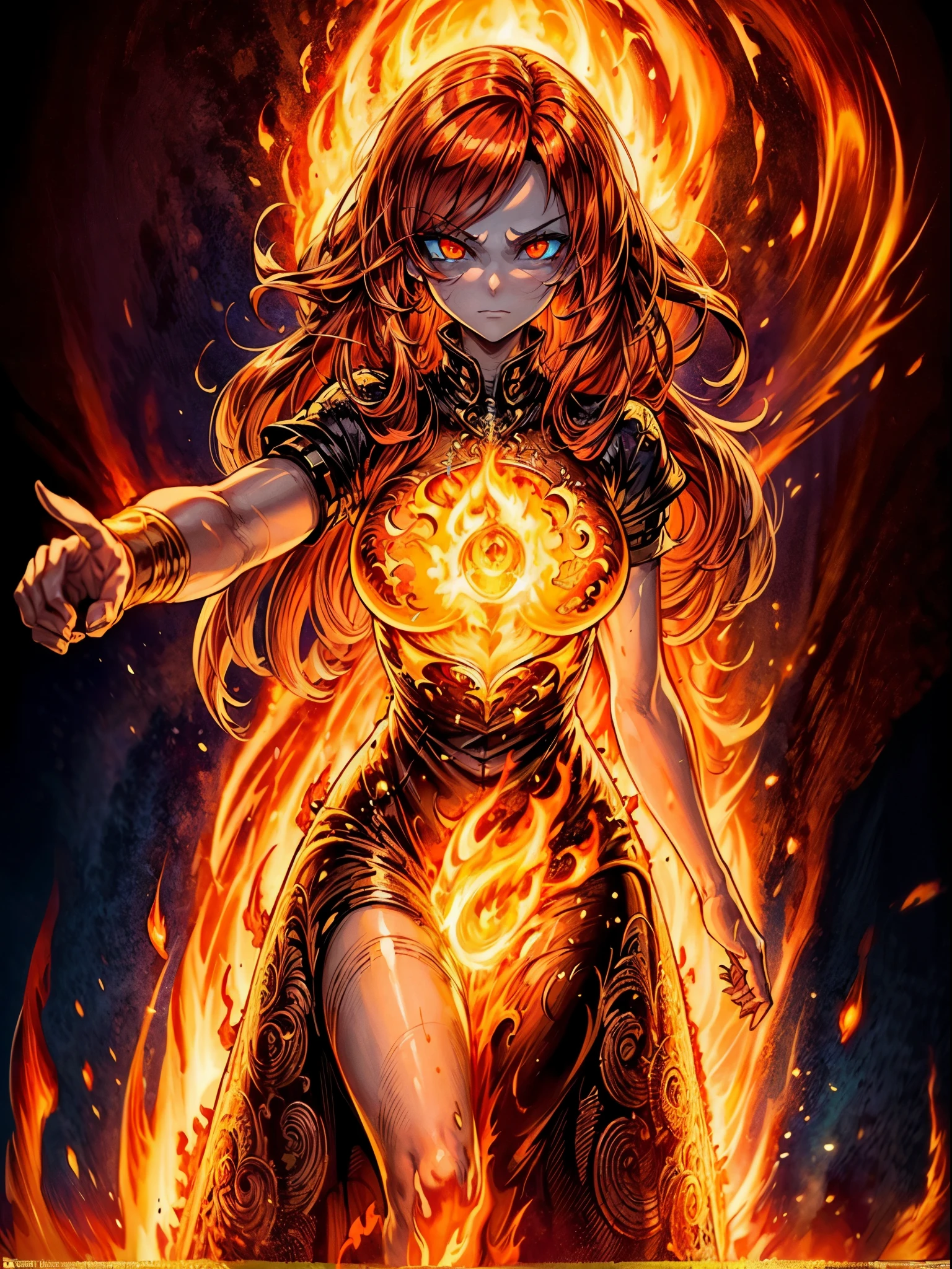 high details, best quality, 8k, [ultra detailed], masterpiece, best quality, (extremely detailed), full body, ultra wide shot, photorealistic, fantasy art, dnd art, rpg art, realistic art, an ultra wide picture of a female human (1.5 intricate details, Masterpiece, best quality) godess of fire  ((fiery radiant aura)), controlling a swirling fiery red radiant magic (1.5 intricate details, Masterpiece, best quality), manipulating purple radiant magical symbols, [[divine symbols]] (1.5 intricate details, Masterpiece, best quality), human female, red  hair, long hair with aura, hair with red radiant eyes, intense eyes, ((radiant eyes)), (( red glowing eyes)), dynamic clothing, fantasy volcano back ground, stresms of lava,  celestial  background, ((divine worship atmosphere)), high details, best quality, highres, ultra wide angle