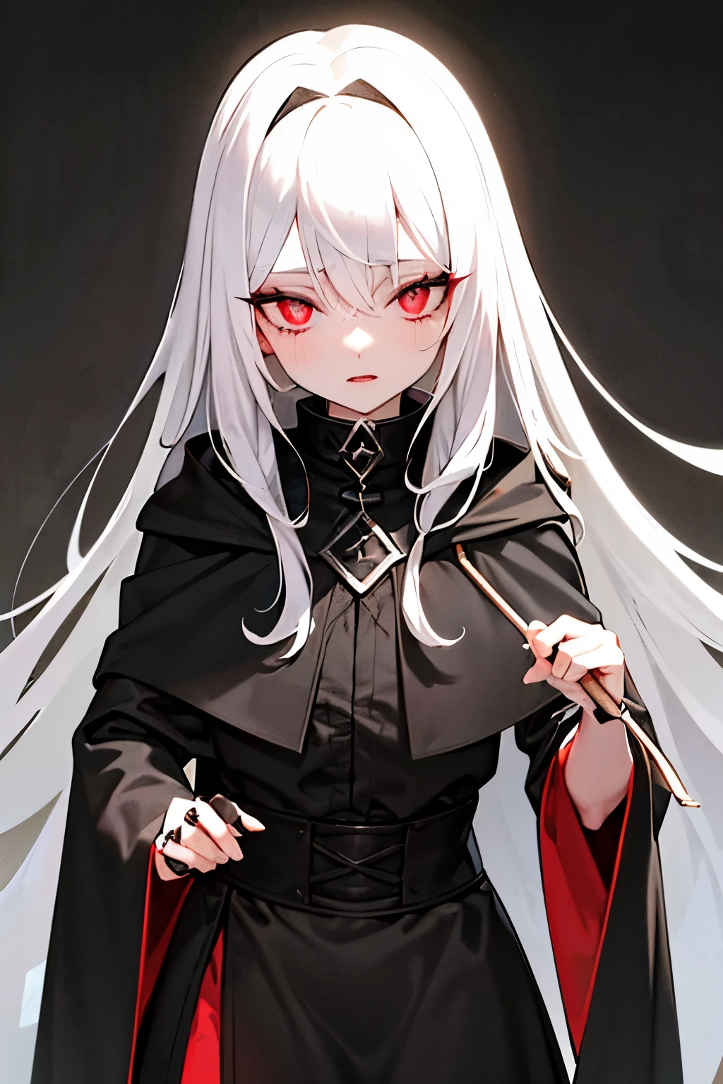 guy, black gothic cloak, long white hair, black veins, crimson ruby eyes.