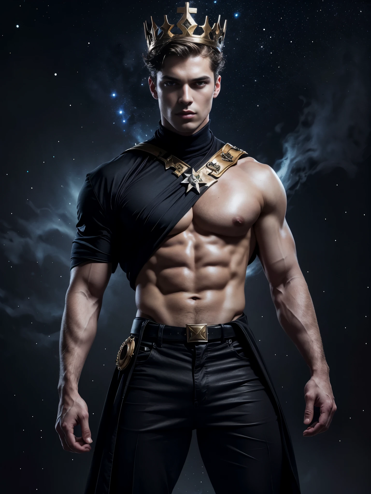 Photorealistic, twins, ((best quality)), ((masterpiece)), (detailed),masculine portrait of youngt futuristic prince, 18-year-old male models, handsome, tall, cute looking, evil look, dark look, powerful, young male, handsome model, clean shave, silver eyes. (short curly messy brown hair:1.2), messy curly hair, super strong, muscular, fit, massive muscles, six pack, shirtless, barechested, hlaf , , muscle, ripped, strong body, fit body, (black dark evil masculine crown:1.4), futuristic trousers, futuristic royal jewels, (futuristic royal pants), futuristic royal garment, out space, galaxies, stars and planets in the background, (Dark background:1.6) constellations, galaxies, 8k, high detailed, ultra-detailed, Stylish Pose, real skin texture, dark cinematic lighting, outerspace, constellation, galaxies, stars in the background
