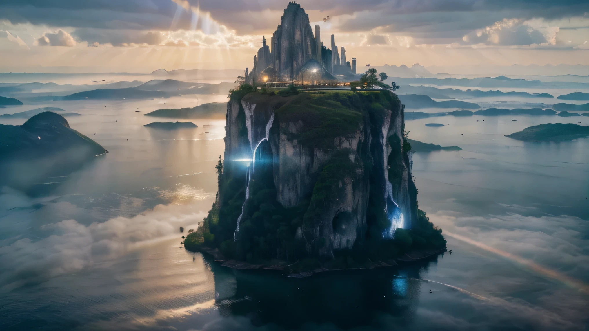 (melhor qualidade,4k,8k,high resolution,obra de arte:1.2),ultra-detalhado,(realista,photorealista,photo-realista:1.37),paisagem,Eldoria desaparecendo,huge crowd,rostos curiosos,cidade futurista,luzes cintilantes,arquitetura surpreendente,large skyscrapers,suspended in the sky,levitating buildings,atmosfera surreal,cores vibrantes,lago sereno,montanhas majestosas,ilhas flutuantes incomuns,curious citizens,astonished expressions,artefatos estranhos,Hovering vehicles,drones voadores,sparkling water reflections,ethereal haze,raios de sol,ambiente tranquilo,indescribable beauty,dream-like setting,horizontes distantes,Mystery in the air,magical transformation