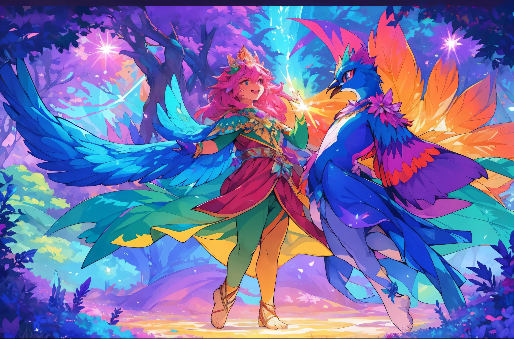 In the heart of an untouched wilderness, behold a realm of unimaginable color and vibrant splendor—a symphony of chromatic wonders unfurls within the sprawling tapestry of the forest. Towering arboreal guardians, resplendent in a dazzling array of iridescent shades, their trunks adorned in gradients of neon pinks, electric blues, and shimmering gold, form a celestial canopy that dances with hues beyond comprehension. Beneath your feet, the forest floor explodes in an exuberant riot of every shade imaginable—a jubilant carpet of wildflowers, each petal a living brushstroke of radiant scarlets, opulent violets, sun-kissed oranges, and ethereal greens. Harmonizing with nature's kaleidoscope, a kaleidoscope of birds fills the air, their plumage a mesmerizing fusion of gemstone brilliance—ruby-throated hummingbirds, sapphire-crowned kingfishers, and sunbeam-colored parrots. In this enchanting realm, woodland creatures adorn themselves with nature's vivid palette—butterflies of celestial turquoise, shimmering beetles in metallic hues, and chameleons donning the hues of a thousand sunsets. A network of crystalline streams and meandering rivers, painted in liquid rainbows of cerulean, amethyst, and emerald, completes this extraordinary vision—a true testament to the breathtaking kaleidoscope of life's boundless palette.