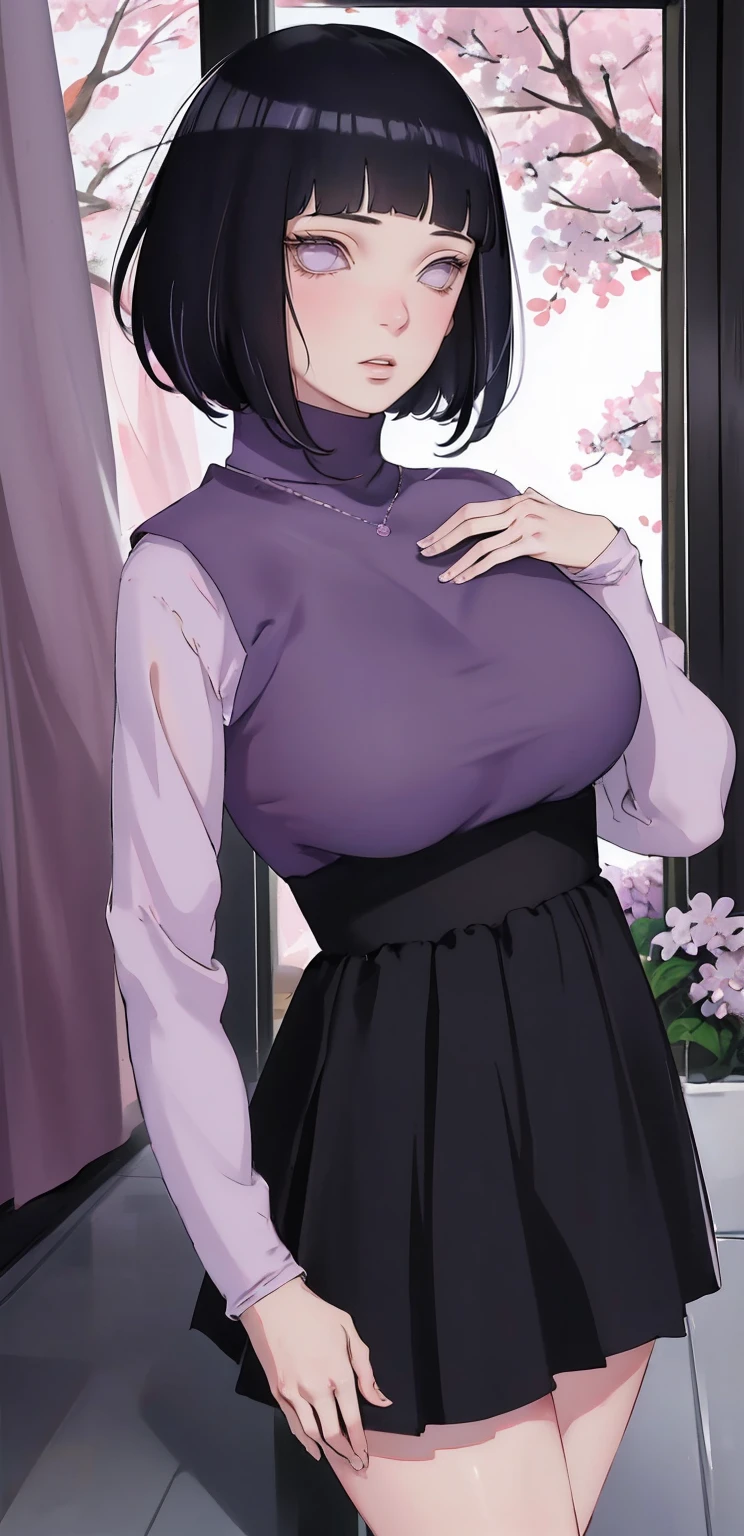 { - anatomy error} (Masterpiece - Ultra-detailed, very high resolution) (huge titusty, masterpiece, absurdres, hinata\(boruto\), 1girl, solo,mature female, lilac turtleneck blouse, high waist black short skirt, looking at viewelling petals), perfect composition, detailed lips, big breast, beautiful face, body propotion, blush, (pink lips), short hair, (black hair), purple eyes, soft gaze, super realistic, detailed, photoshoot, realistic face and body, closed mouth, dancing ligthly , lilac eyes, full body, walking on the floor , perfect fingers, inocent face