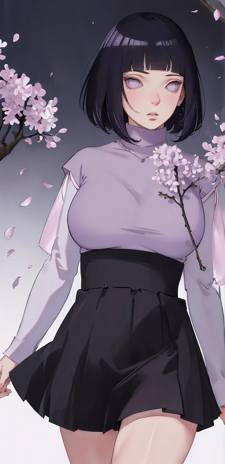 { - anatomy error} (Masterpiece - Ultra-detailed, very high resolution) (huge titusty, masterpiece, absurdres, hinata\(boruto\), 1girl, solo,mature female, lilac turtleneck blouse, high waist black short skirt, looking at viewelling petals), perfect composition, detailed lips, big breast, beautiful face, body propotion, blush, (pink lips), short hair, (black hair), purple eyes, soft gaze, super realistic, detailed, photoshoot, realistic face and body, closed mouth, dancing ligthly , lilac eyes, full body, walking on the floor , perfect fingers, inocent face