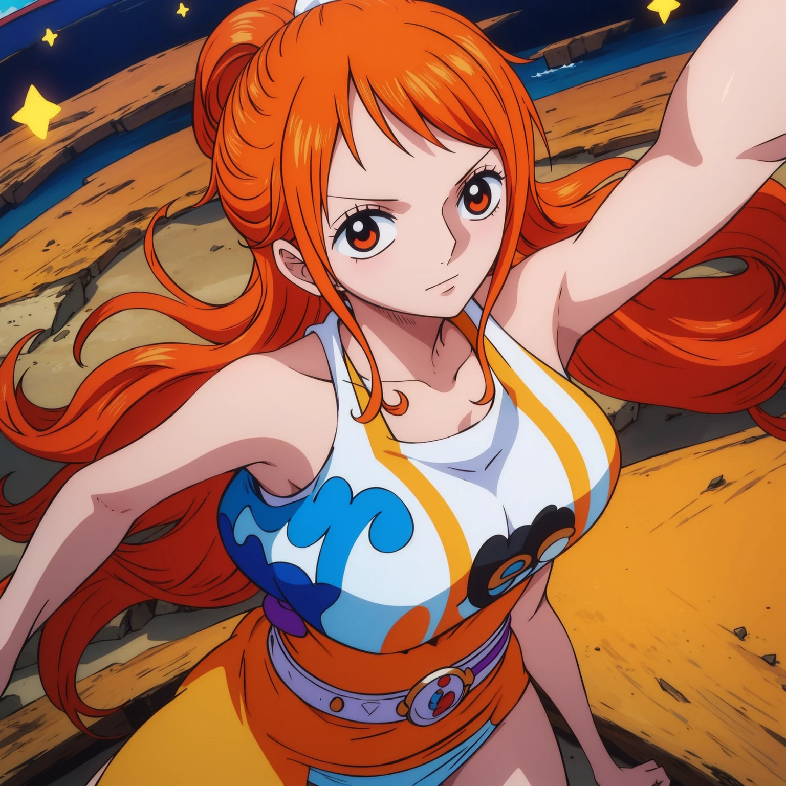 Generar una imagen realista de estilo anime de Nami de One Piece. Captura su apariencia distintiva con cabello naranja, una camisa, and a cheerful expression. Make sure the picture reflects your adventurous and confident personality as shown in the anime.., cuerpo completo, Plano amplio , Curvy athletic body, Antecedentes de la isla,top de sujetador, falda, ojos naranjas, ojos naranjas, armpits
