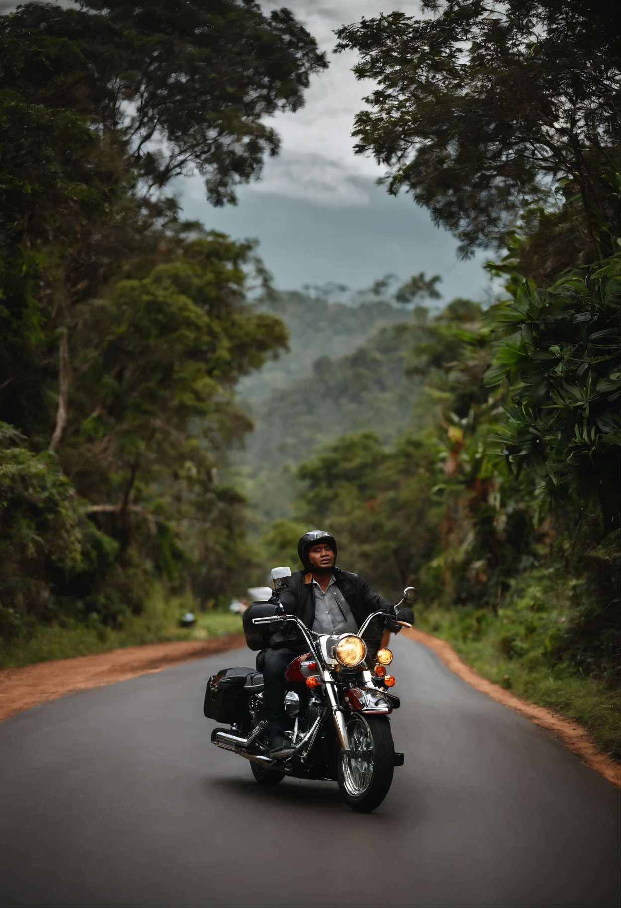 seorang laki-laki Indonesia umur 35 tahun, delivery boy, naik motor Harley Davidson, antar paket