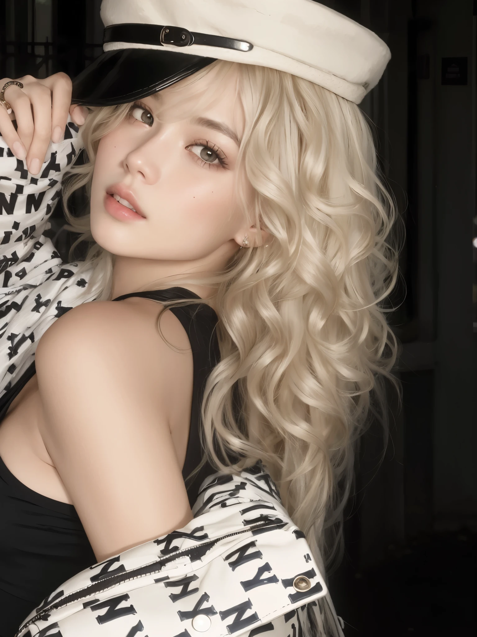 Mujer rubia con sombrero y bolso posando para una foto., parque roseanne de blackpink, pale skin curly blonde hair, con pelo largo y rubio, Lalisa Manobal, Lalisa Manoban de Blackpink, con pelo largo y blanco, retrato de jossi de blackpink, capturado en canon eos r 6, Cabello blanco rizado, con el pelo largo y blanco