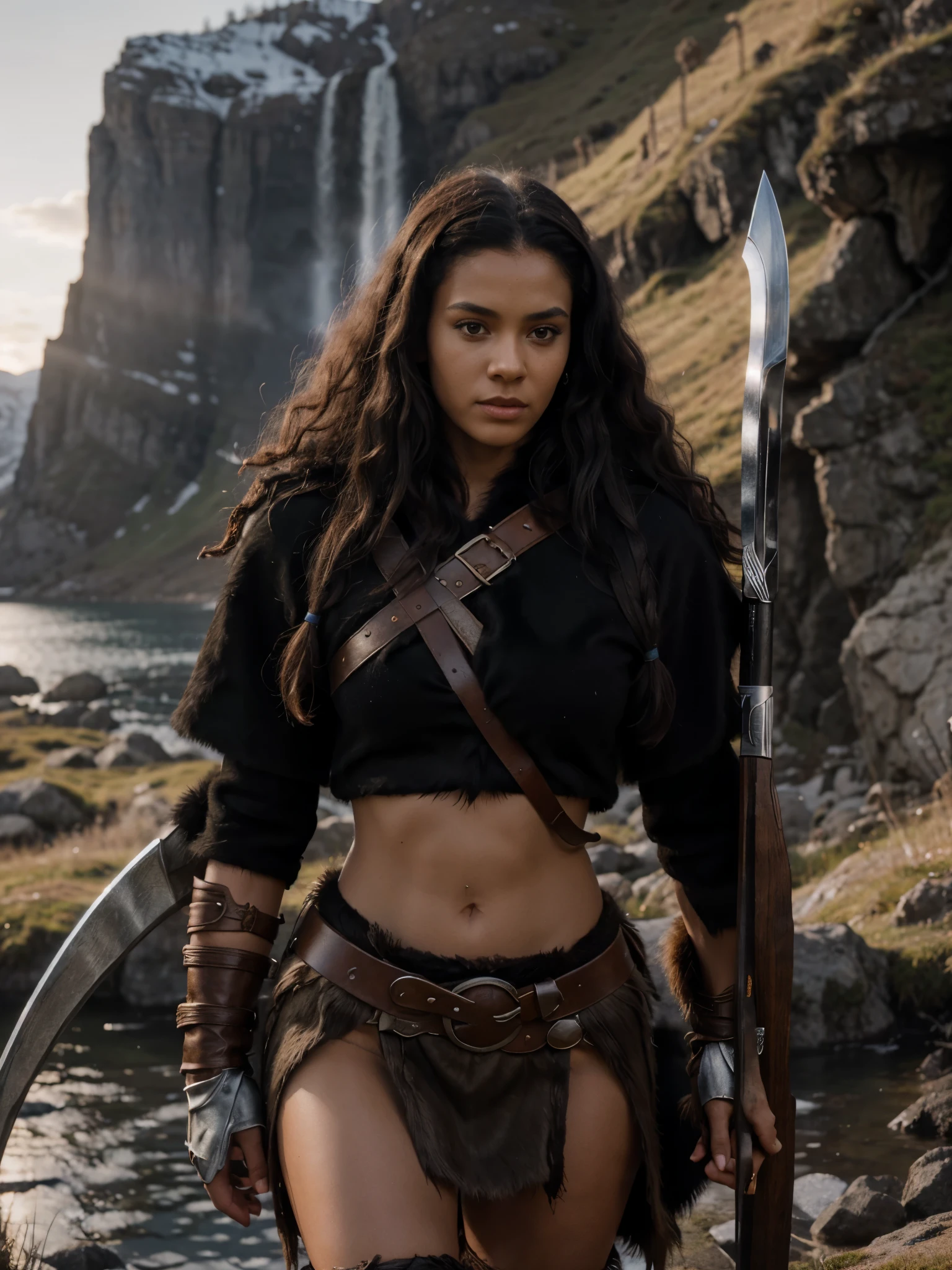 8k, RAW photo, best quality, ultra high resolution, photorealistic, realistic photo of skinny ebony girl viking, (slim ebony girl viking, black hair, curly hair, slim face), in the mountains, sunset, full body portrait, photo from the side, sexy pose, wearing viking costume, (viking fur costume), wearing viking shirt, wearing fur skirt, (fur skirt), holding viking axe, (viking axe), (extremely detailed CG unity 8k wallpaper), Sharp focus, (bright light)