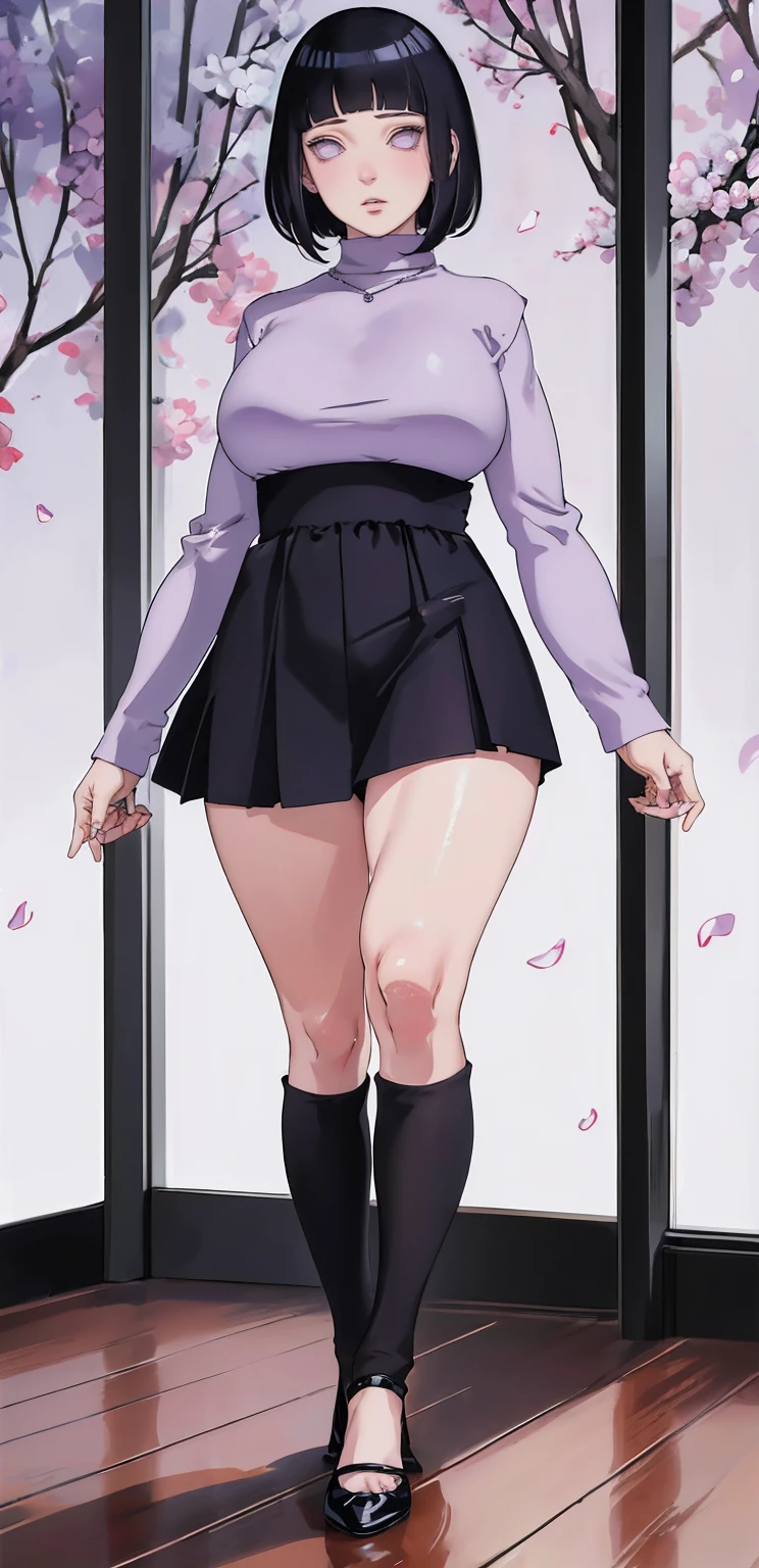 { - anatomy error} (Masterpiece - Ultra-detailed, very high resolution) (huge titusty, masterpiece, absurdres, hinata\(boruto\), 1girl, solo,mature female, lilac turtleneck blouse, high waist black short skirt, looking at viewelling petals), perfect composition, detailed lips, big breast, beautiful face, body propotion, blush, (pink lips), short hair, (black hair), purple eyes, soft gaze, super realistic, detailed, photoshoot, realistic face and body, closed mouth, dancing ligthly , lilac eyes, full body, walking on the floor , perfect fingers, inocent face