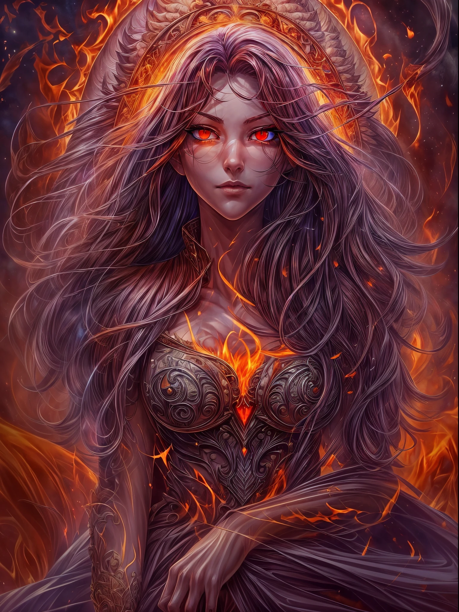 high details, best quality, 8k, [ultra detailed], masterpiece, best quality, (extremely detailed), full body, ultra wide shot, photorealistic, fantasy art, dnd art, rpg art, realistic art, an ultra wide picture of a female human (1.5 intricate details, Masterpiece, best quality) godess of fire  ((fiery radiant aura)), controlling a swirling fiery red radiant magic (1.5 intricate details, Masterpiece, best quality), manipulating purple radiant magical symbols, [[divine symbols]] (1.5 intricate details, Masterpiece, best quality), human female, red  hair, long hair with aura, hair with red radiant eyes, intense eyes, ((radiant eyes)), (( red glowing eyes)), dynamic clothing, fantasy volcano back ground, stresms of lava,  celestial  background, ((divine worship atmosphere)), high details, best quality, highres, ultra wide angle