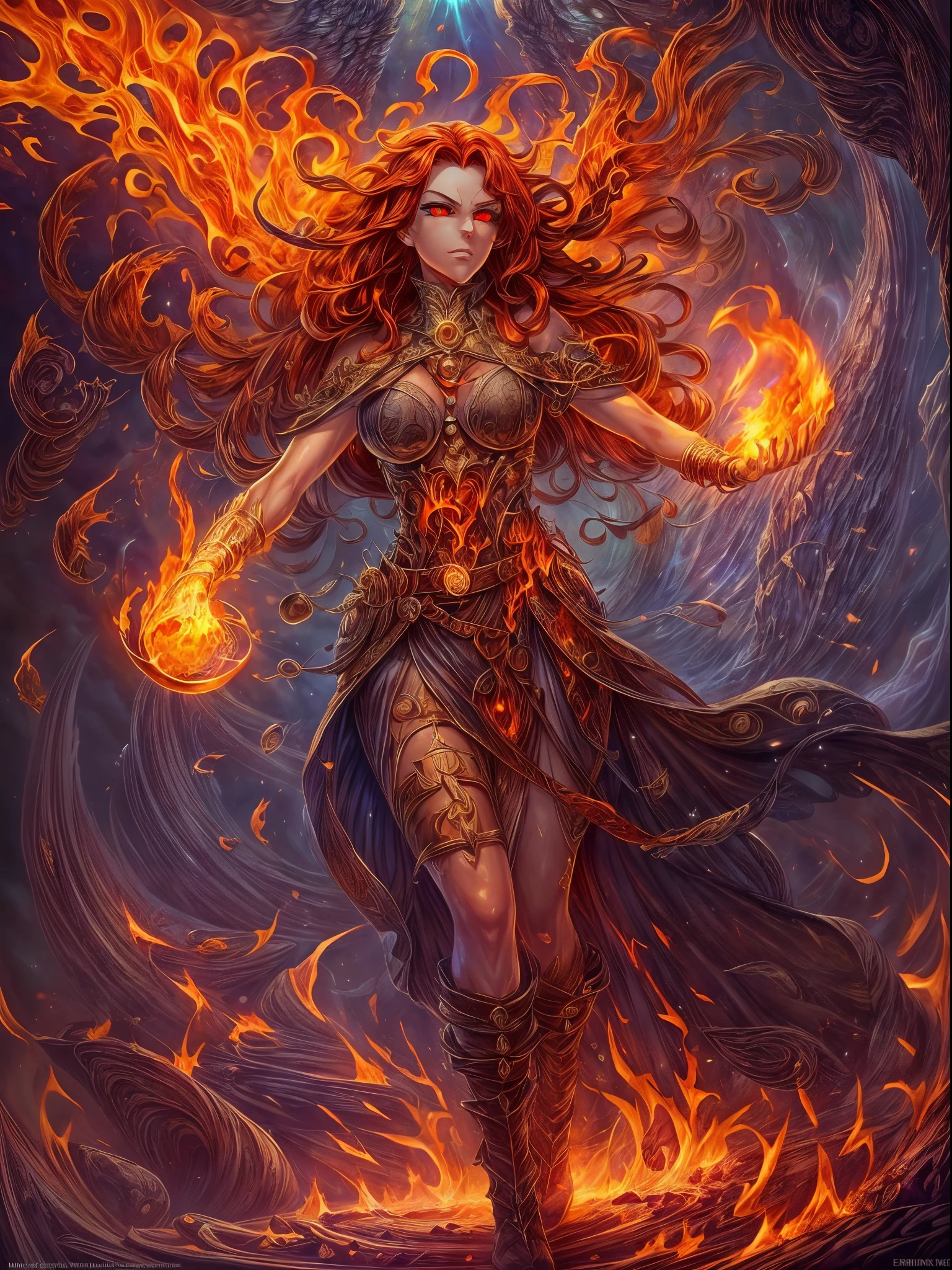 high details, best quality, 8k, [ultra detailed], masterpiece, best quality, (extremely detailed), full body, ultra wide shot, photorealistic, fantasy art, dnd art, rpg art, realistic art, an ultra wide picture of a female human (1.5 intricate details, Masterpiece, best quality) godess of fire  ((fiery radiant aura)), controlling a swirling fiery red radiant magic (1.5 intricate details, Masterpiece, best quality), manipulating purple radiant magical symbols, [[divine symbols]] (1.5 intricate details, Masterpiece, best quality), human female, red  hair, long hair with aura, hair with red radiant eyes, intense eyes, ((radiant eyes)), (( red glowing eyes)), dynamic clothing, fantasy volcano back ground, stresms of lava,  celestial  background, ((divine worship atmosphere)), high details, best quality, highres, ultra wide angle