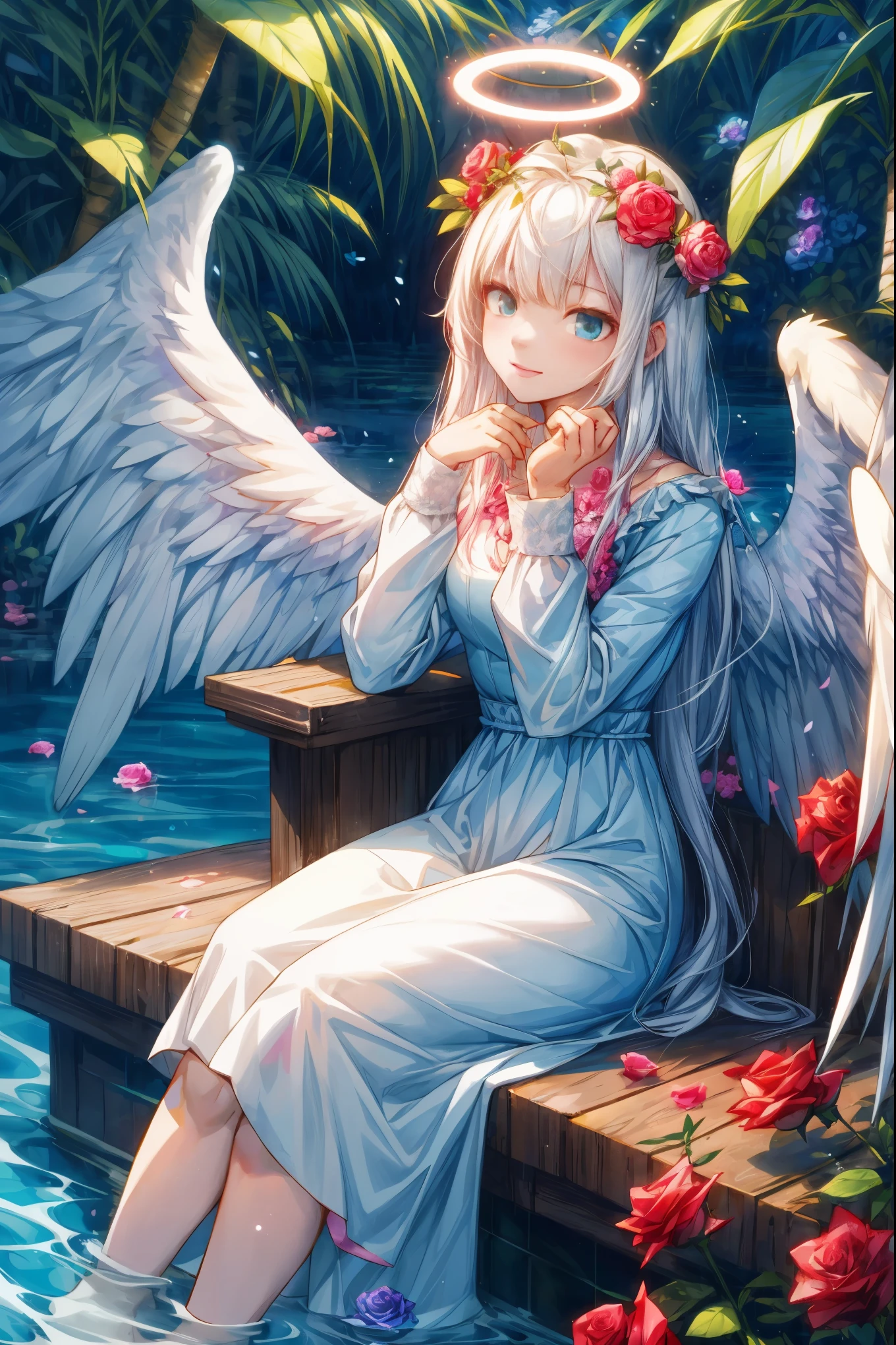 1girl, flower, solo,halo, long hair, wings, white hair, pink flower, sitting, white flower, angel, water, rose, long sleeves, red flower, dress, head rest, angel wings, feathered wings, closed mouth, pink rose, blue flower, bangs, white dress, plant