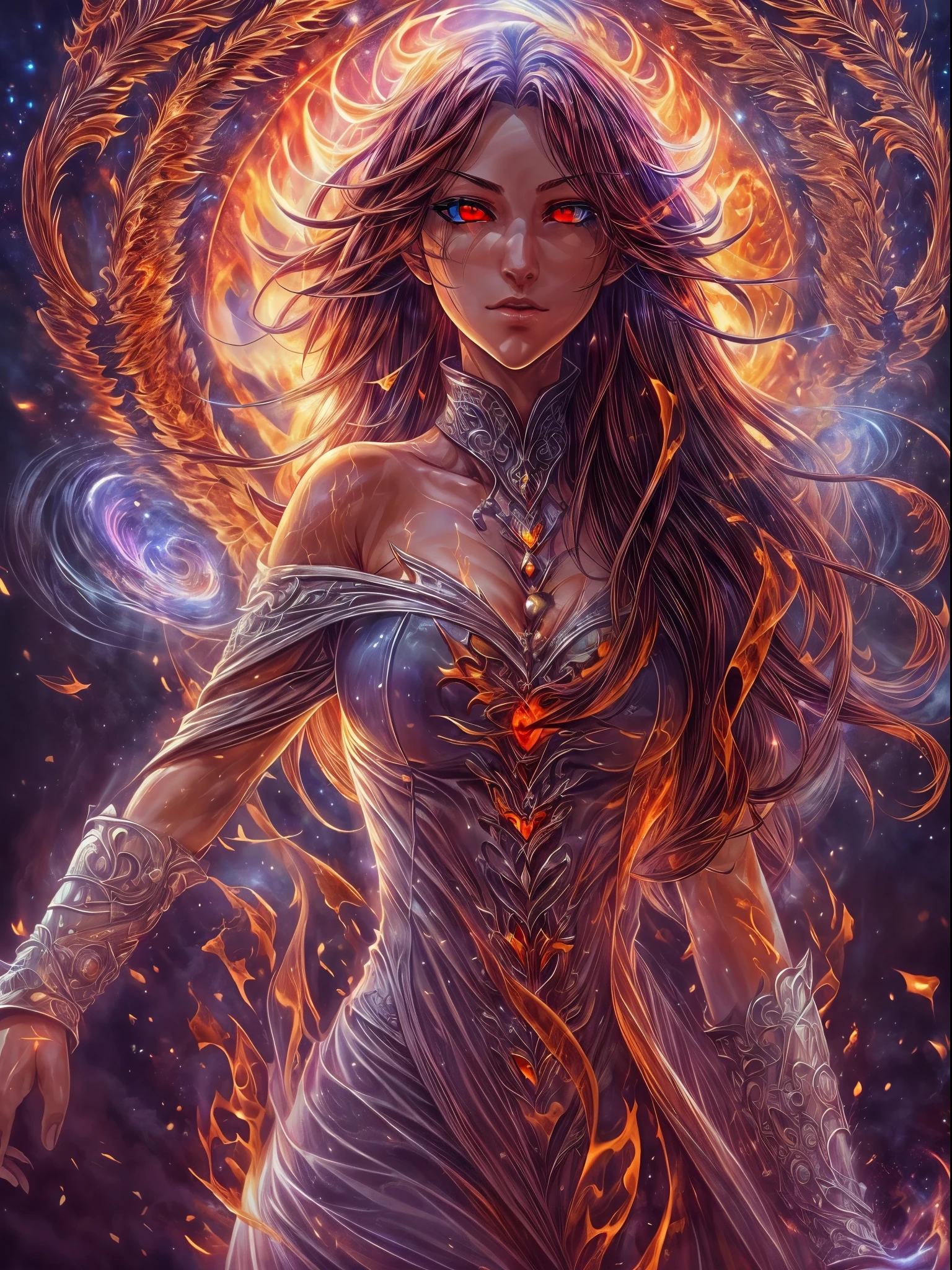 high details, best quality, 8k, [ultra detailed], masterpiece, best quality, (extremely detailed), full body, ultra wide shot, photorealistic, fantasy art, dnd art, rpg art, realistic art, an ultra wide picture of a female human (1.5 intricate details, Masterpiece, best quality) godess of fire  ((fiery radiant aura)), controlling a swirling fiery red radiant magic (1.5 intricate details, Masterpiece, best quality), manipulating purple radiant magical symbols, [[divine symbols]] (1.5 intricate details, Masterpiece, best quality), human female, red  hair, long hair with aura, hair with red radiant eyes, intense eyes, ((radiant eyes)), (( red glowing eyes)), dynamic clothing, fantasy volcano back ground, stresms of lava,  celestial  background, ((divine worship atmosphere)), high details, best quality, highres, ultra wide angle