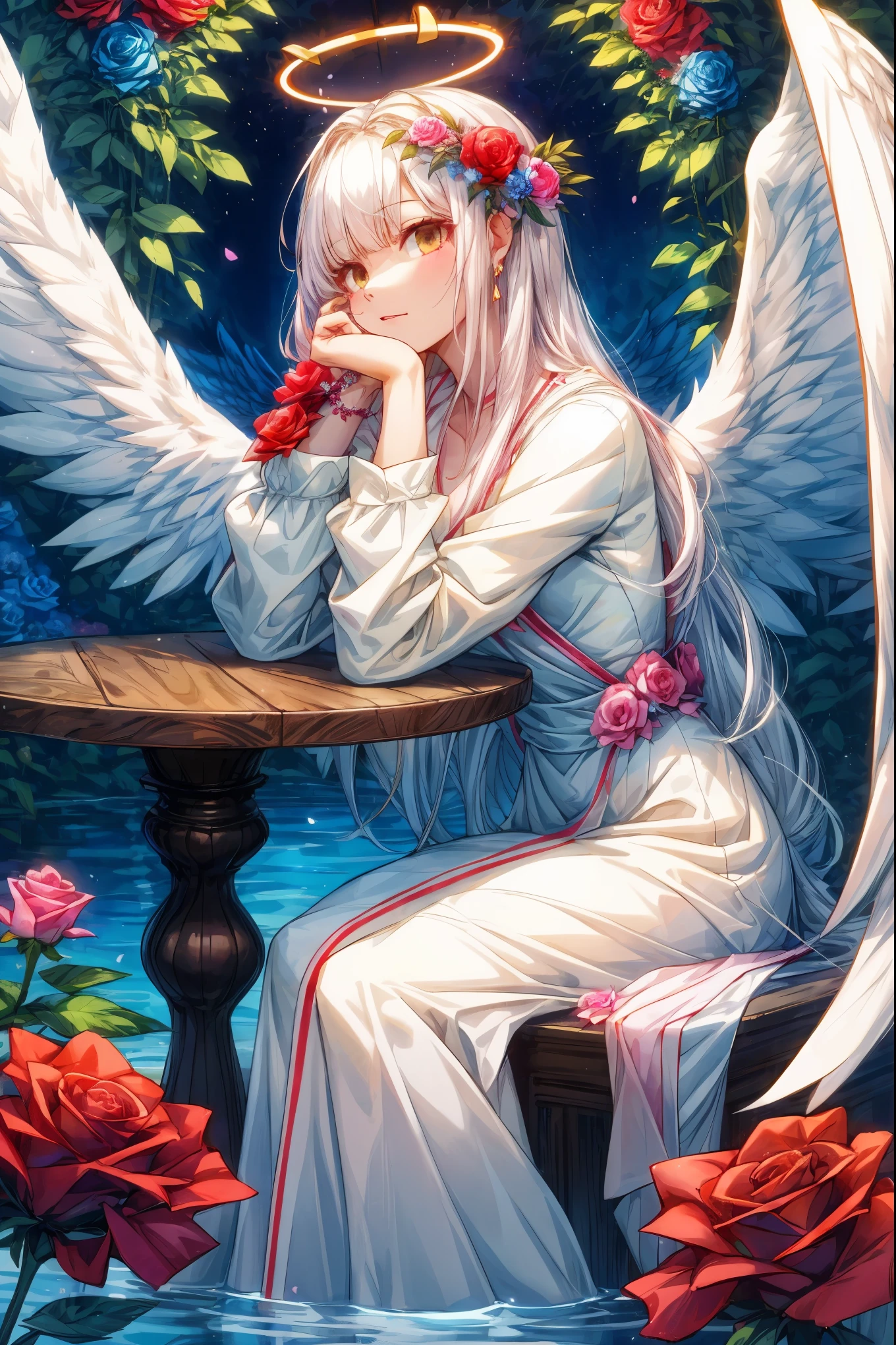 1girl, flower, solo,halo, long hair, wings, white hair, pink flower, sitting, white flower, angel, water, rose, long sleeves, red flower, dress, head rest, angel wings, feathered wings, closed mouth, pink rose, blue flower, bangs, white dress, plant