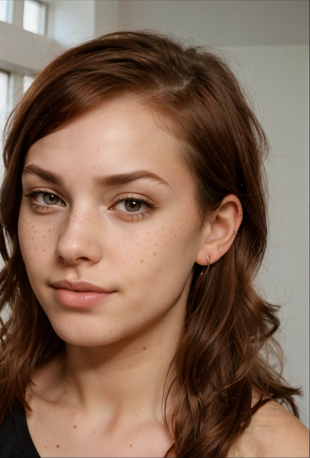 a close up of a woman with a nose piercing and a nose ring, septum piercing, androgynous face, nose piercing, small nose with freckles, freckles on the nose, pointy nose, small freckles, small lips pointy nose, perfect detailed face, facial piercings, cute freckles, piercing stare, thin button nose, buetifull, red hair, hair parted to the side,