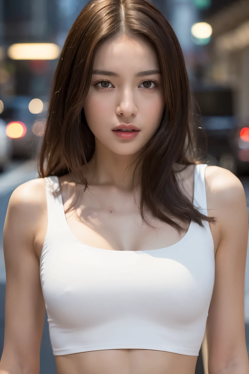 ((Realistic lighting, Best quality, 8K, Masterpiece: 1.3)), Clear focus: 1.2, 1girl, Perfect Figure: 1.4, Slim Abs: 1.1, ((Dark brown hair)), (White crop top: 1.4), (Outdoor, Night: 1.1), City streets, Super fine face, Fine eyes, Double eyelids,