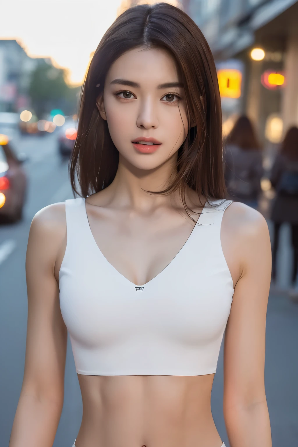 ((Realistic lighting, Best quality, 8K, Masterpiece: 1.3)), Clear focus: 1.2, 1girl, Perfect Figure: 1.4, Slim Abs: 1.1, ((Dark brown hair)), (White crop top: 1.4), (Outdoor, Night: 1.1), City streets, Super fine face, Fine eyes, Double eyelids,